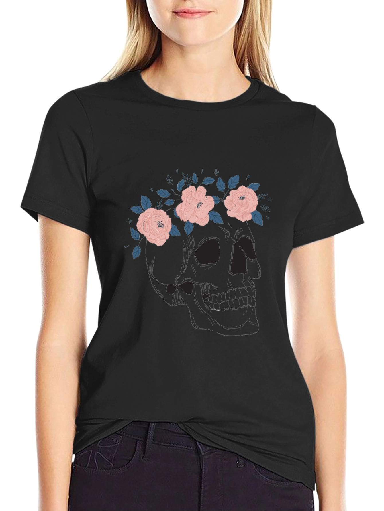 Floral Skull Graphic Tee - Black Cotton T-Shirt