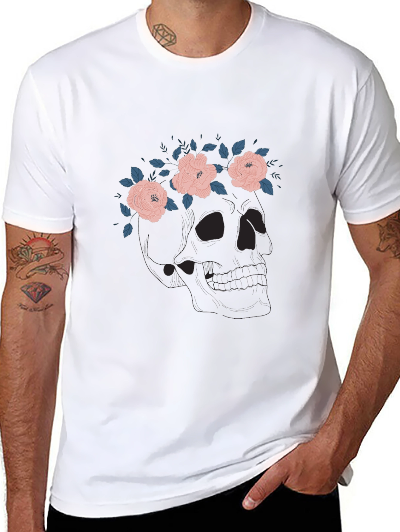 Floral Skull Graphic Tee - Black Cotton T-Shirt
