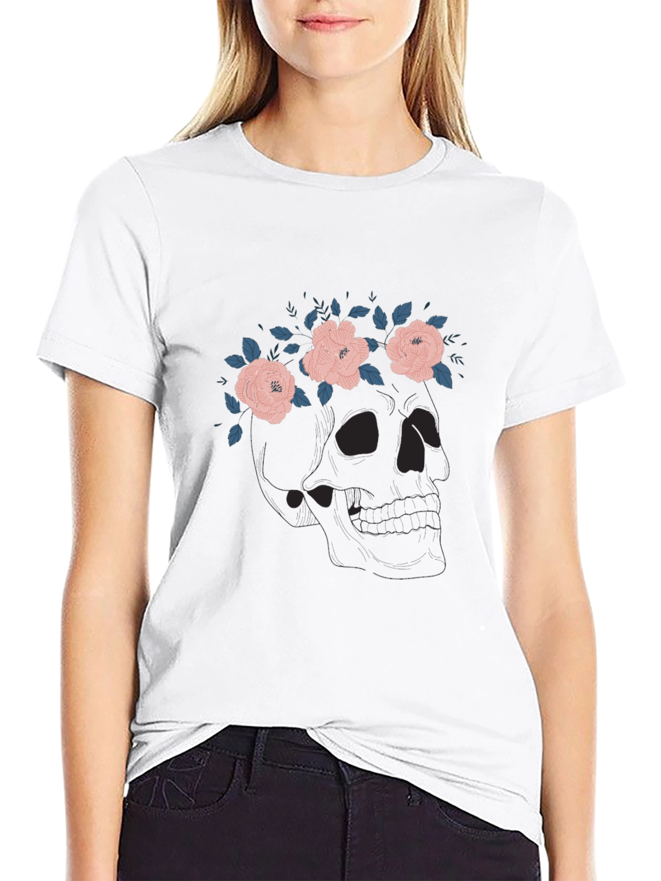 Floral Skull Graphic Tee - Black Cotton T-Shirt