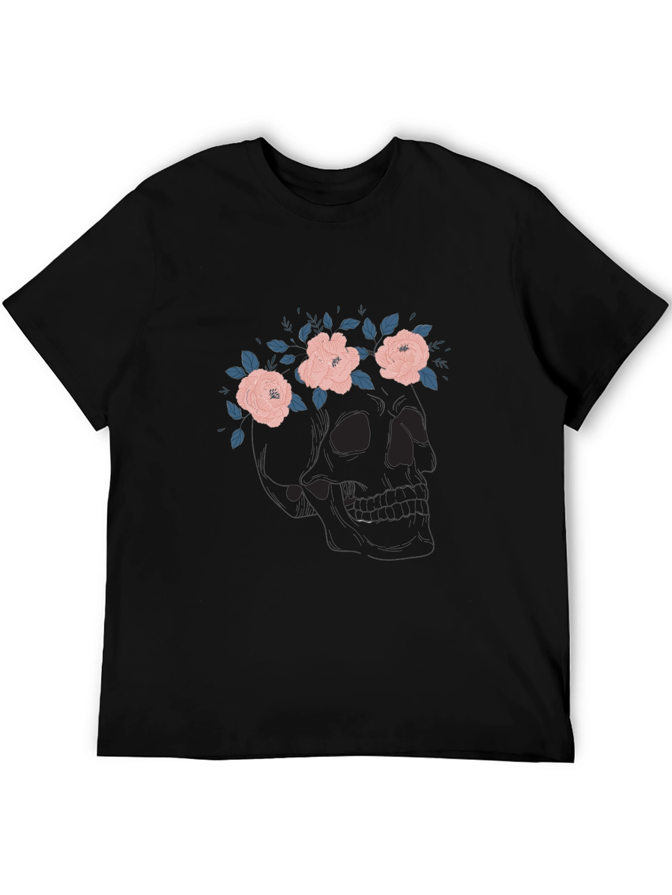 Floral Skull Graphic Tee - Black Cotton T-Shirt