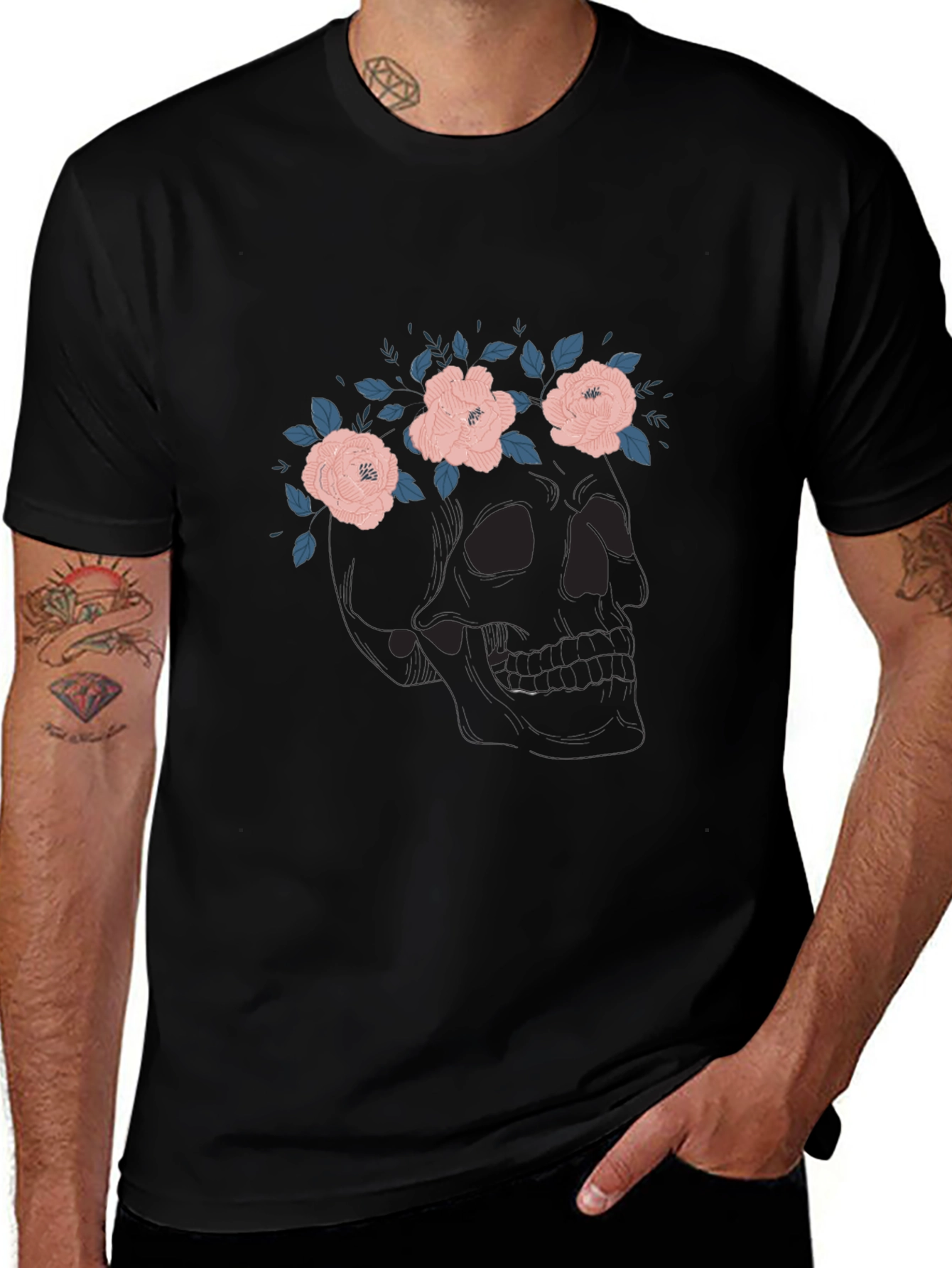 Floral Skull Graphic Tee - Black Cotton T-Shirt