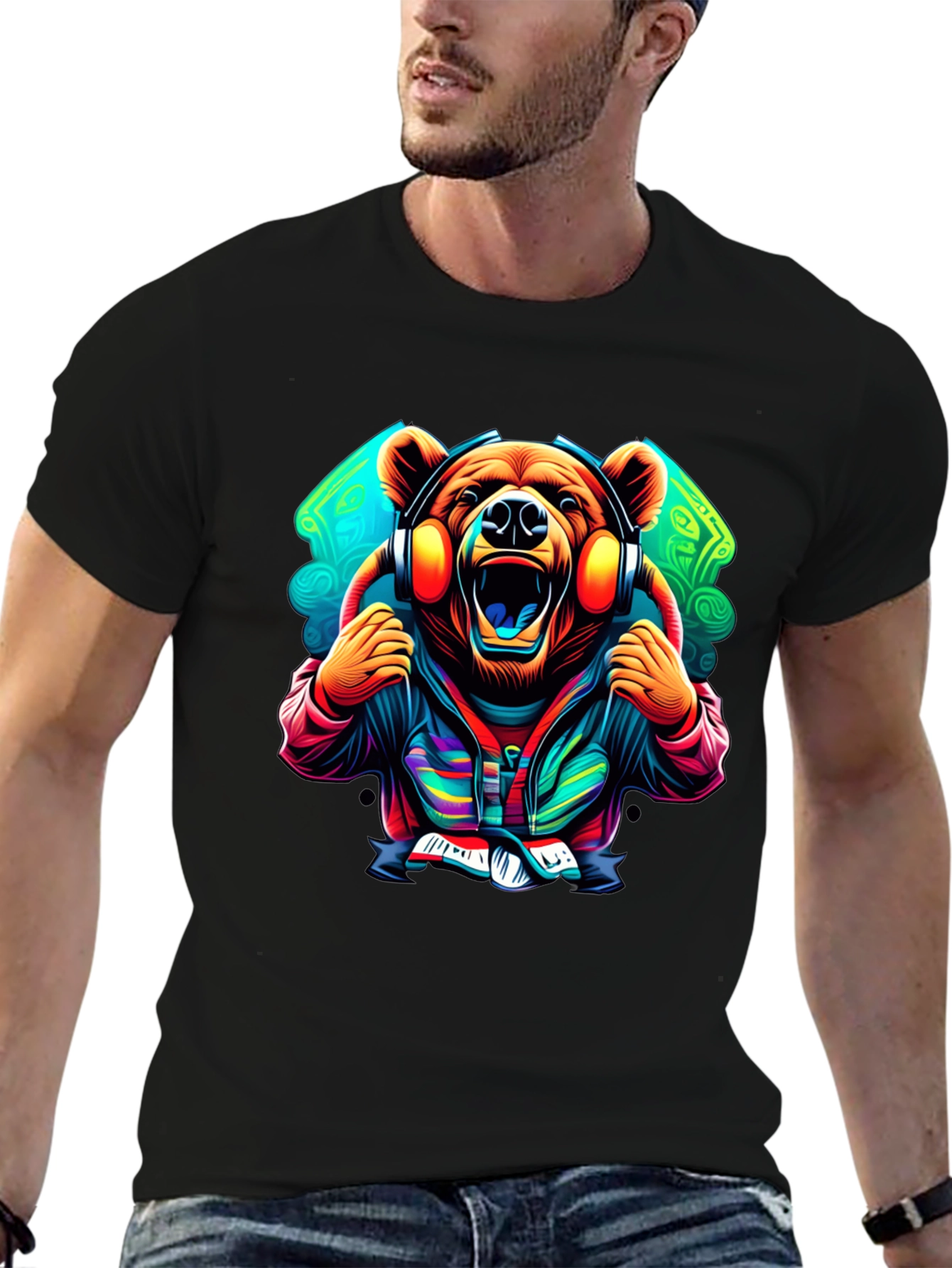 Bear DJ Graphic Tee - Black Cotton T-Shirt