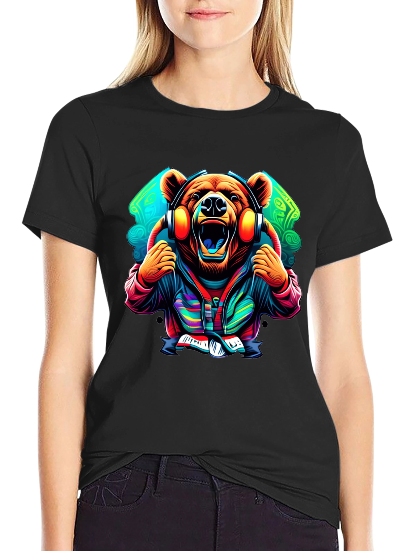 Bear DJ Graphic Tee - Black Cotton T-Shirt