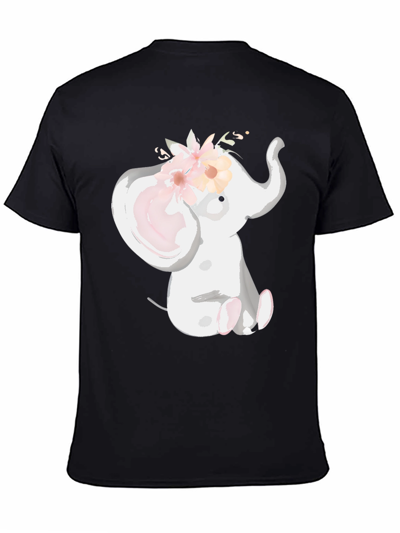 Cute Elephant Floral Crown Black T-Shirt