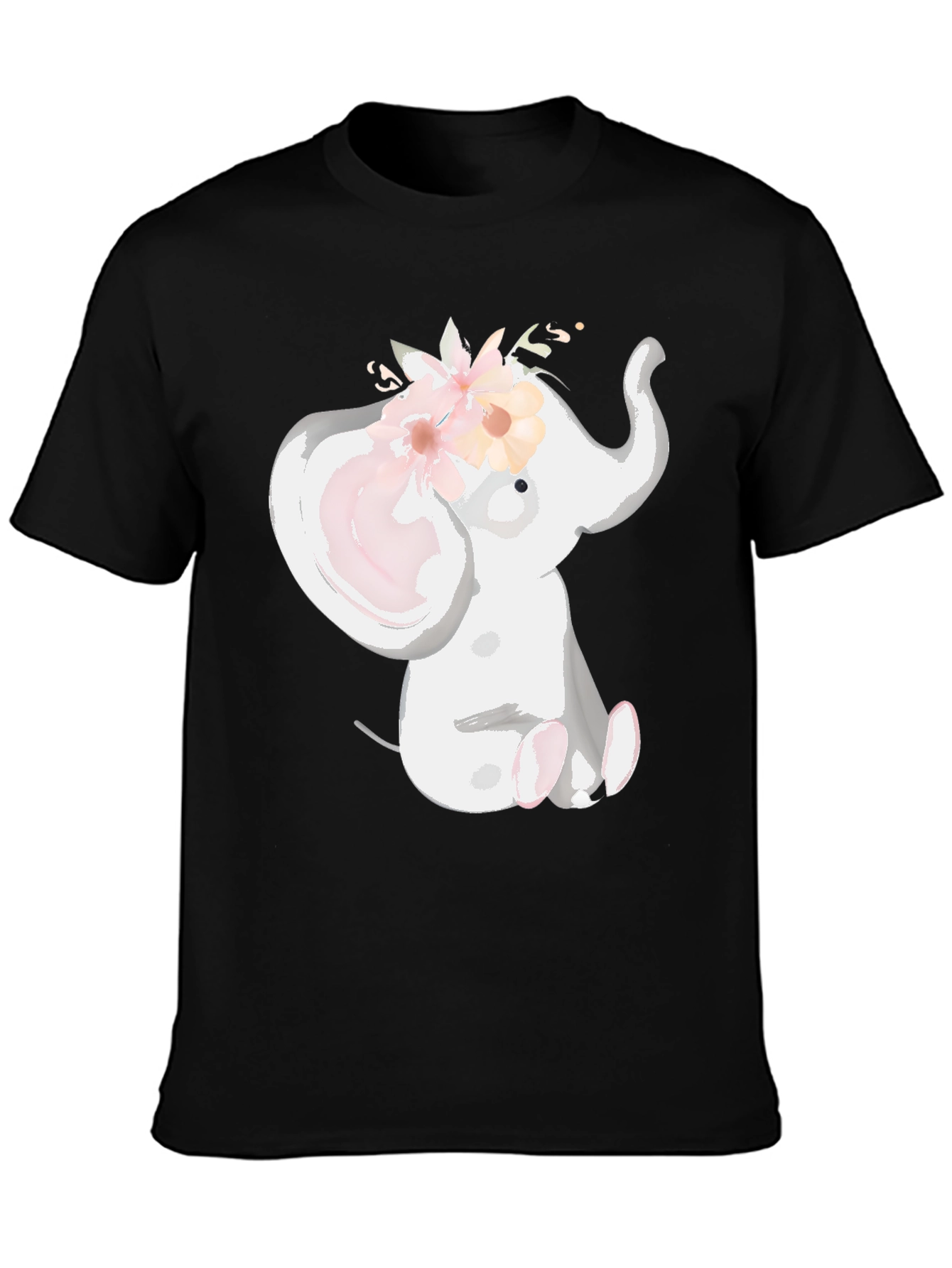 Cute Elephant Floral Crown Black T-Shirt