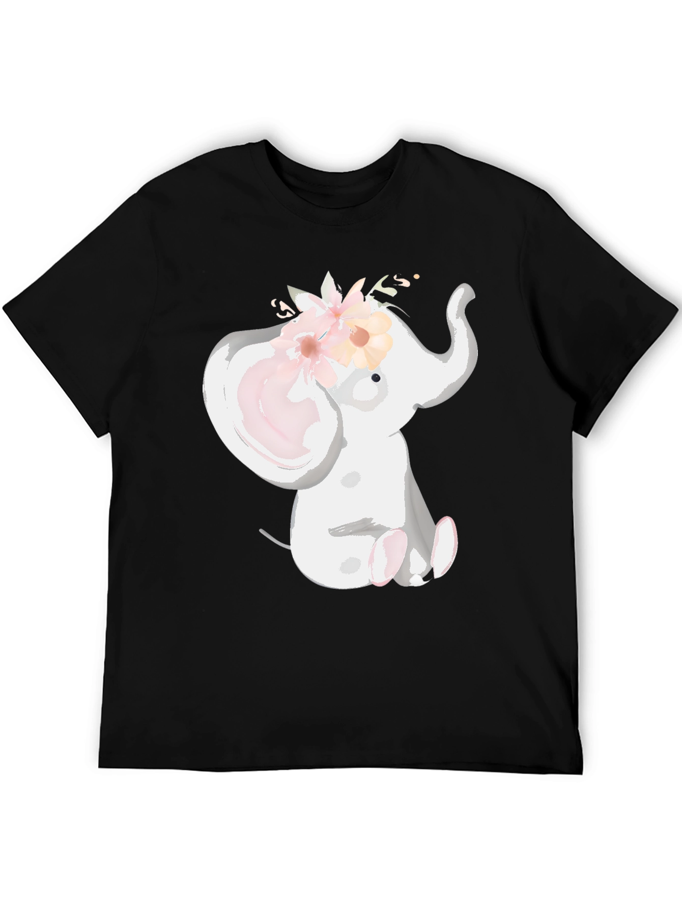 Cute Elephant Floral Crown Black T-Shirt