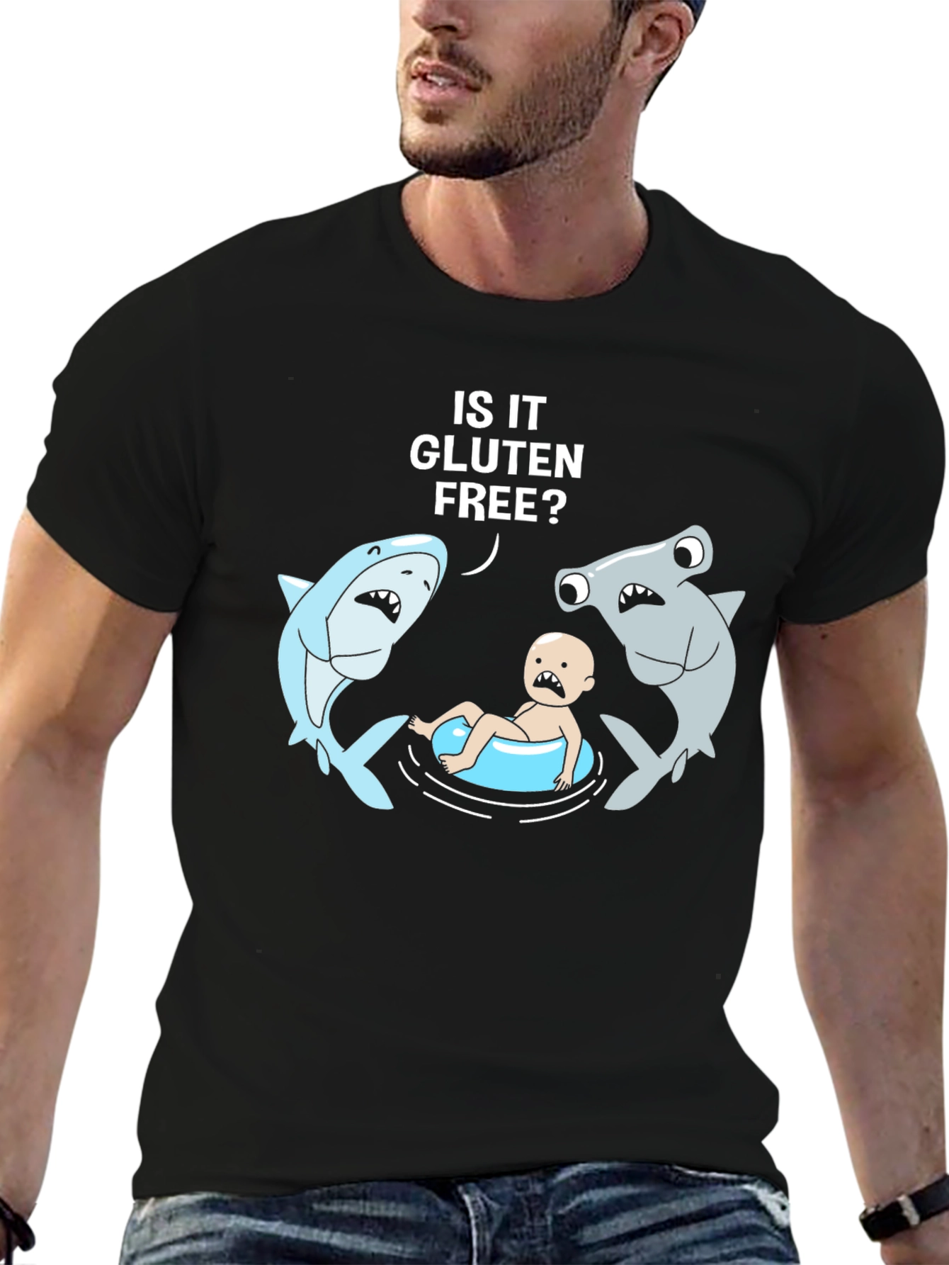 Funny Gluten-Free Baby Sharks Black T-Shirt