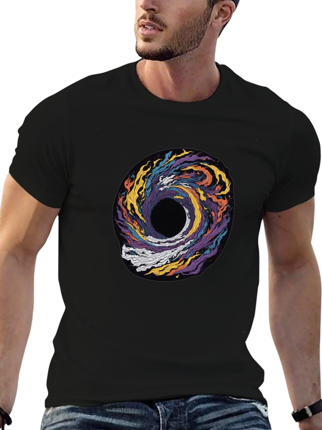 Cosmic Swirl Graphic Tee - Black Cotton T-Shirt