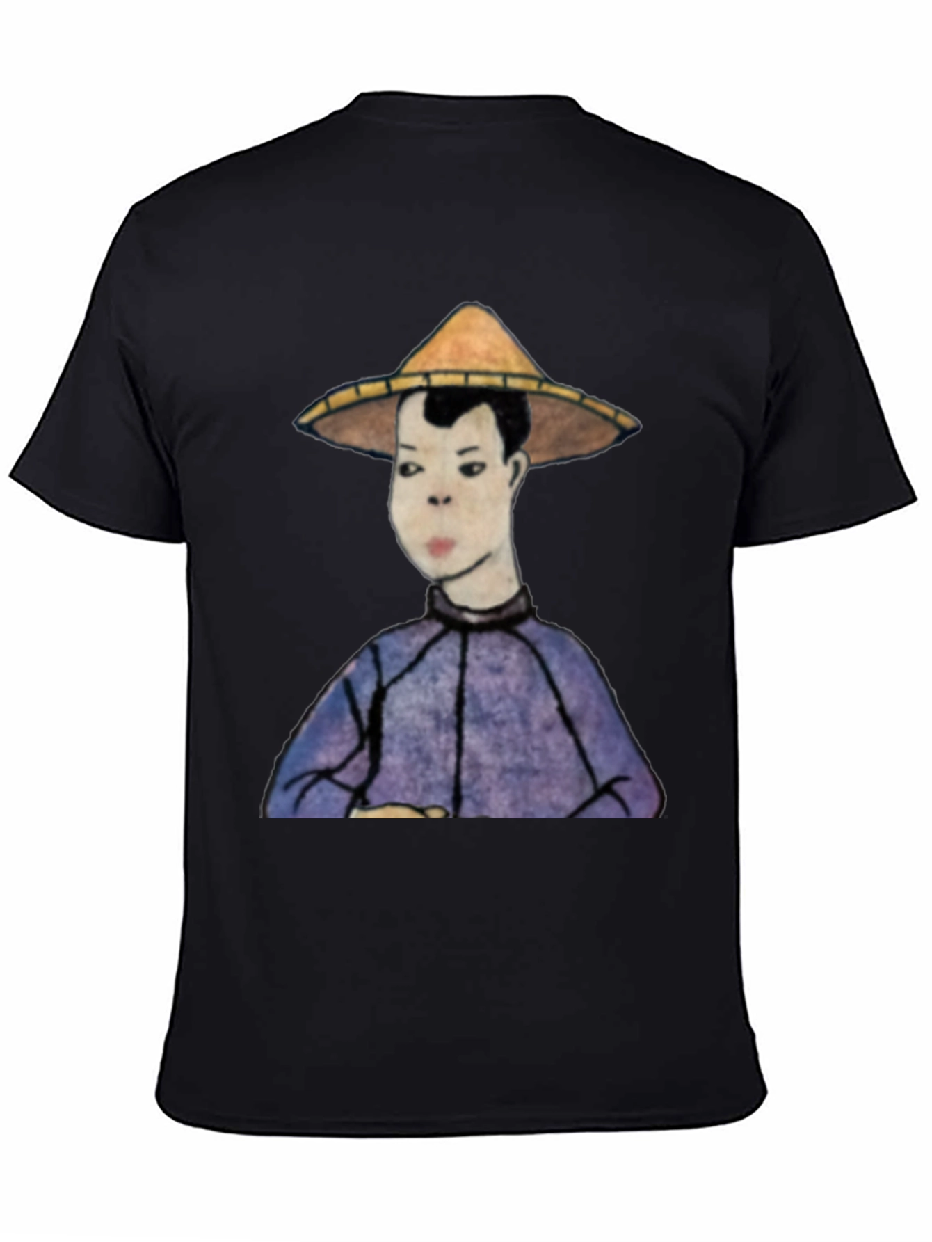 Mans Black T-Shirt with Rice Hat Graphic