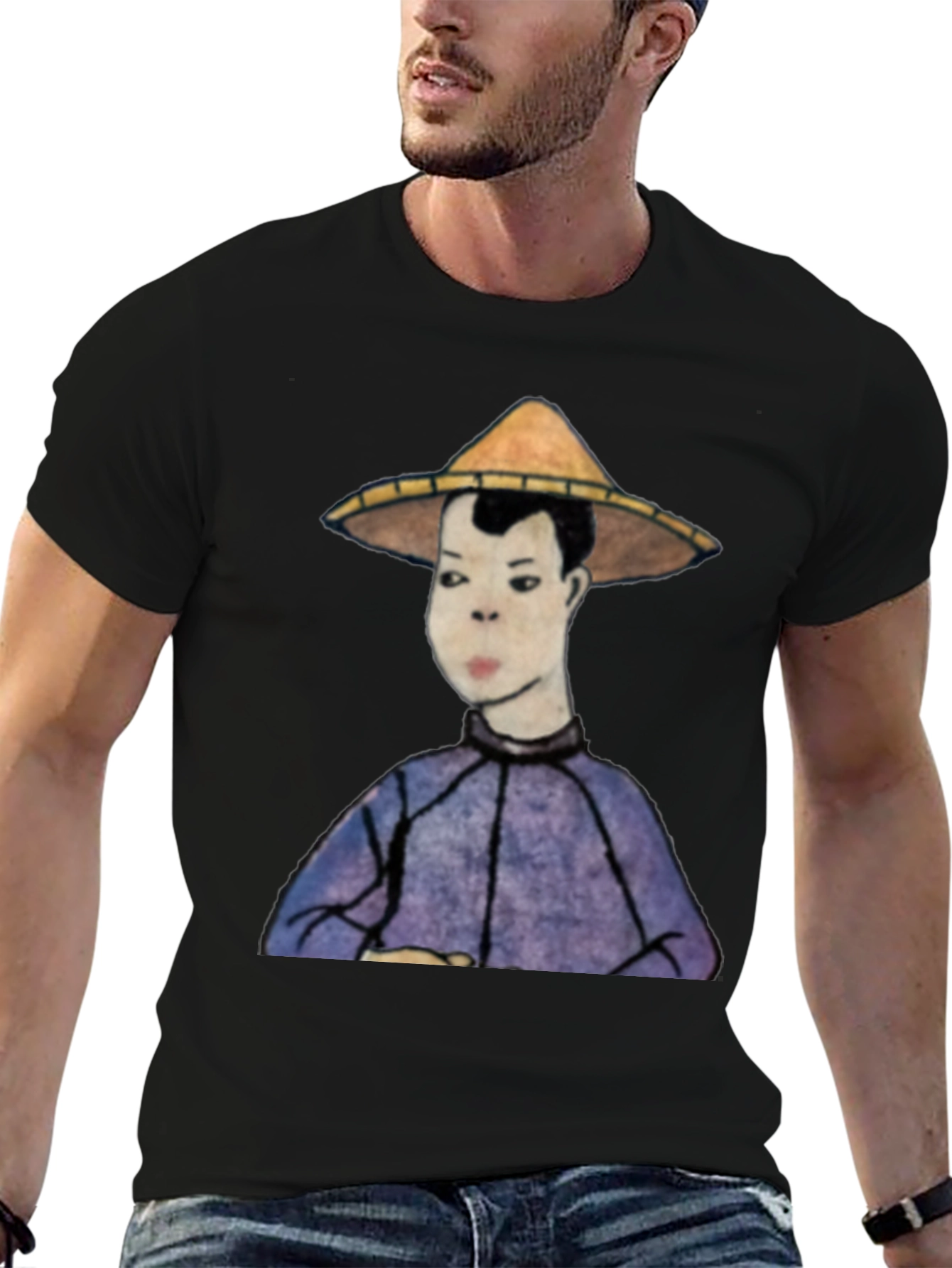 Mans Black T-Shirt with Rice Hat Graphic