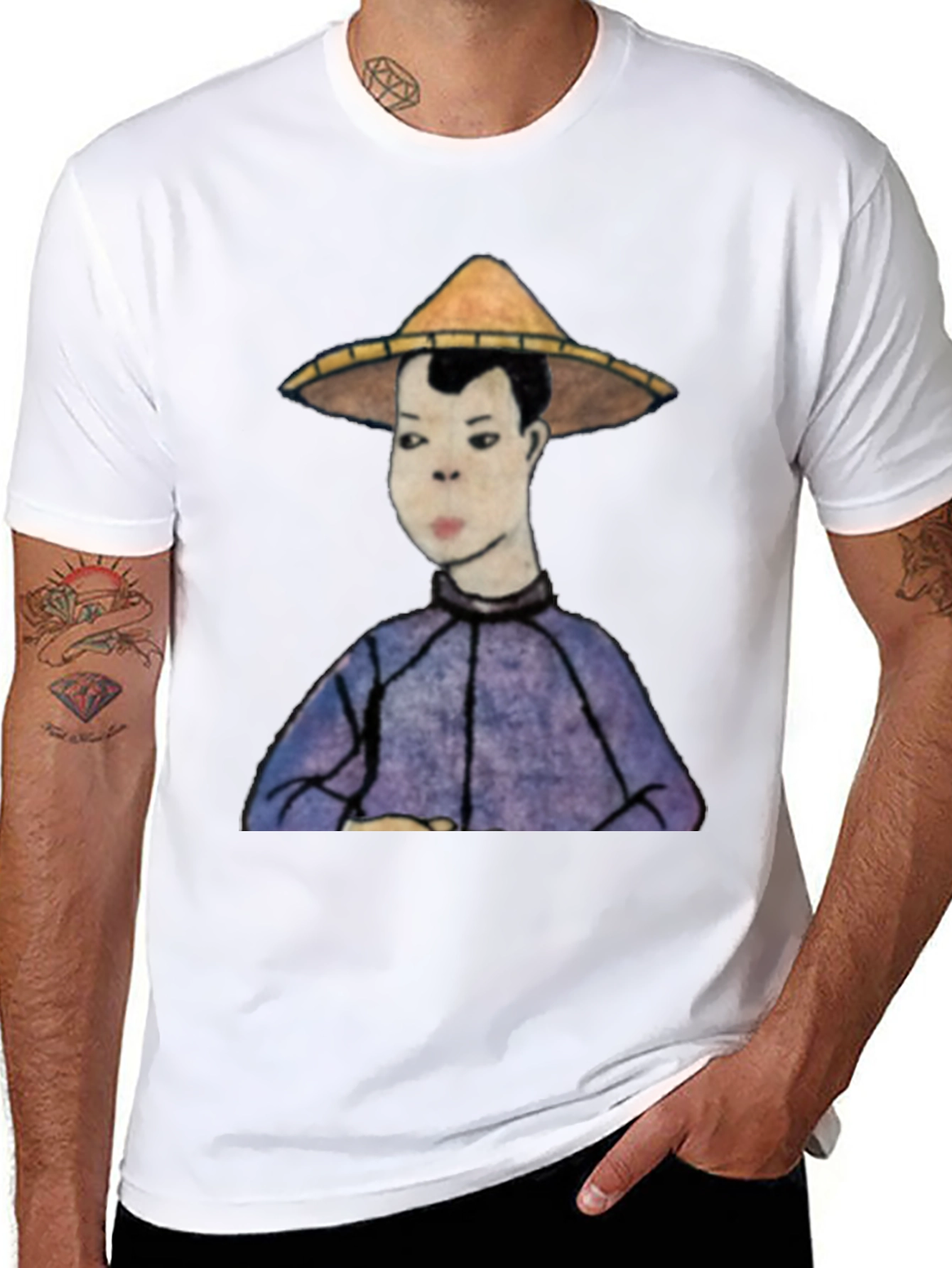 Mans Black T-Shirt with Rice Hat Graphic