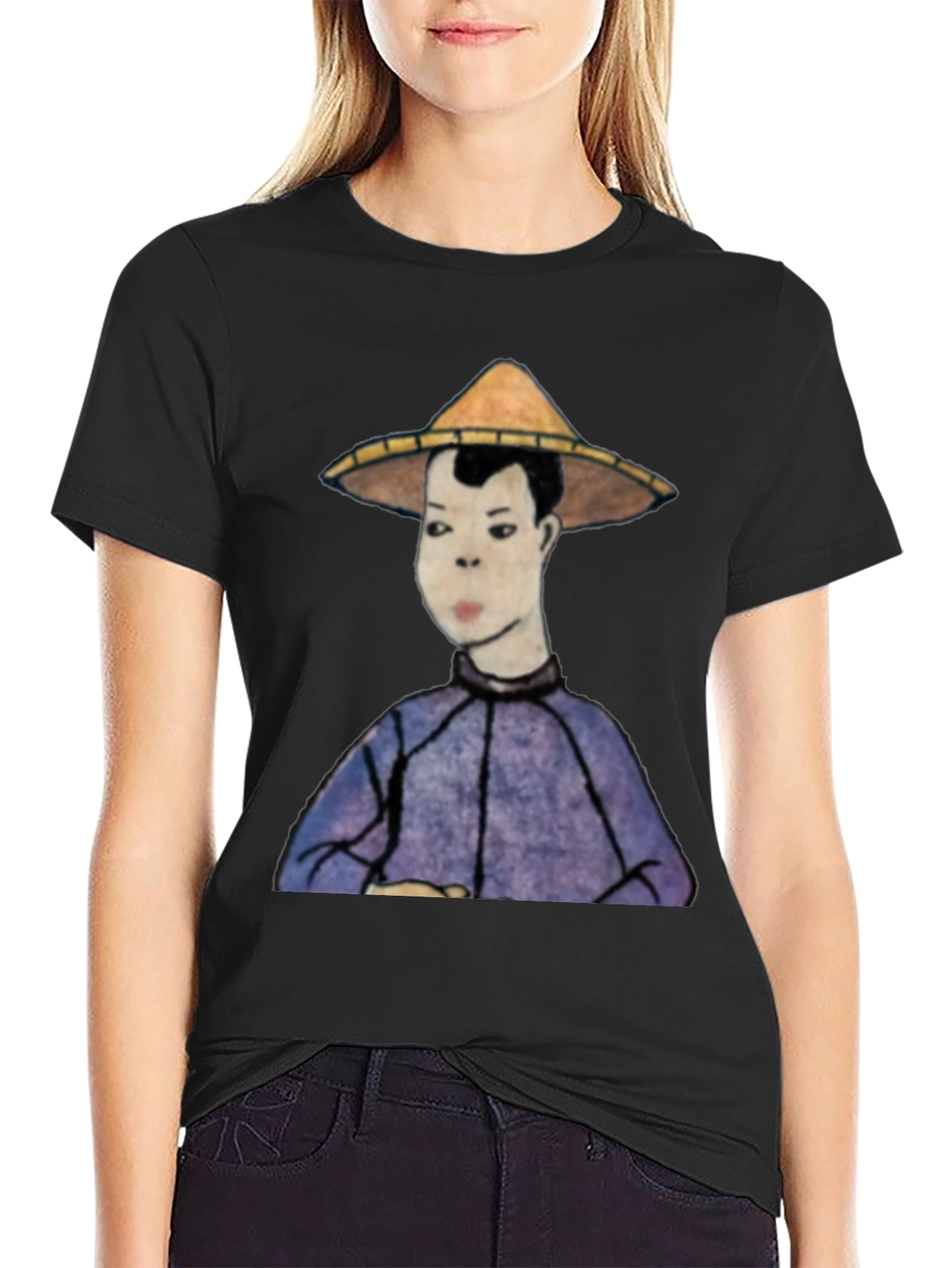 Mans Black T-Shirt with Rice Hat Graphic