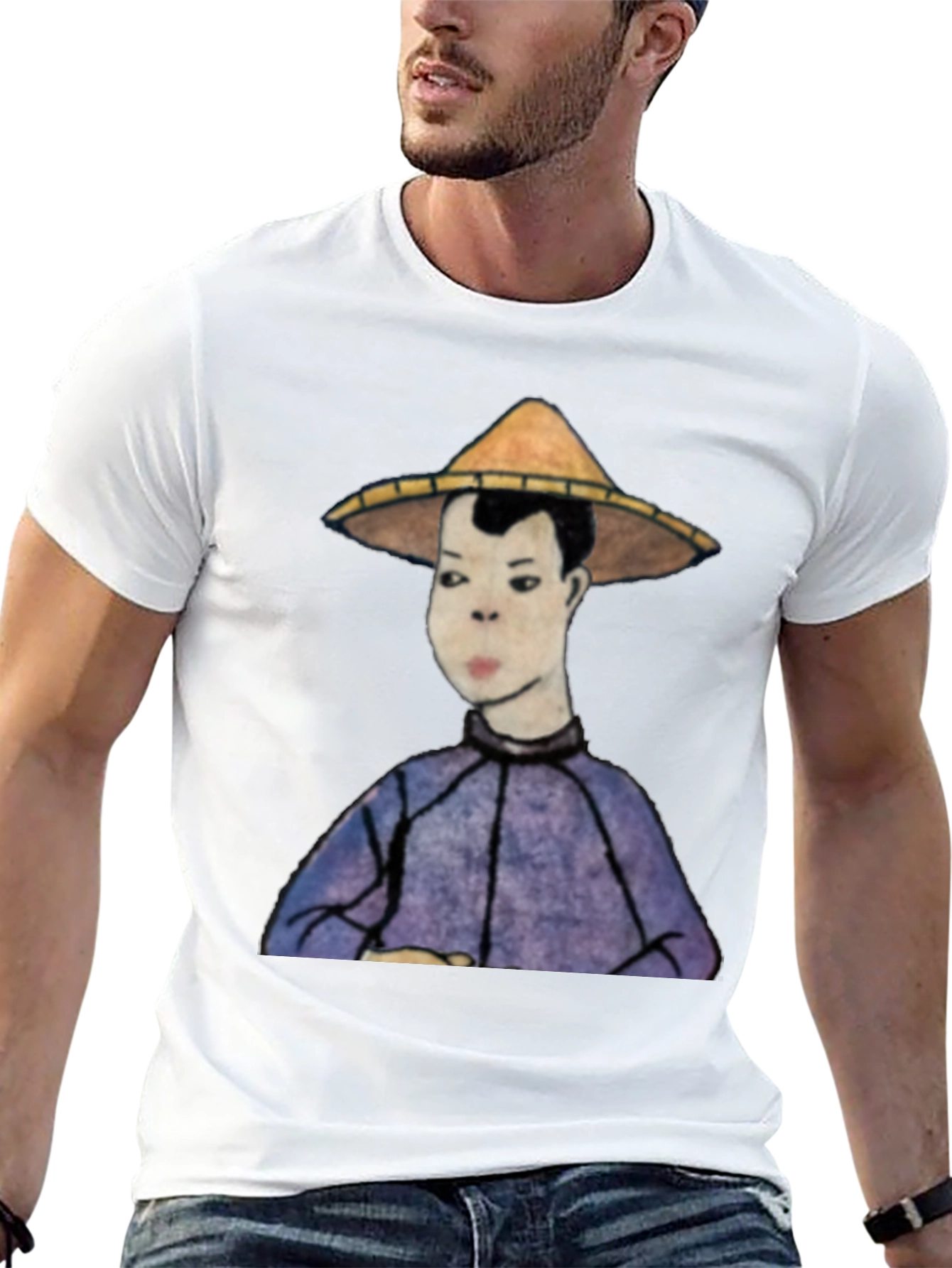 Mans Black T-Shirt with Rice Hat Graphic