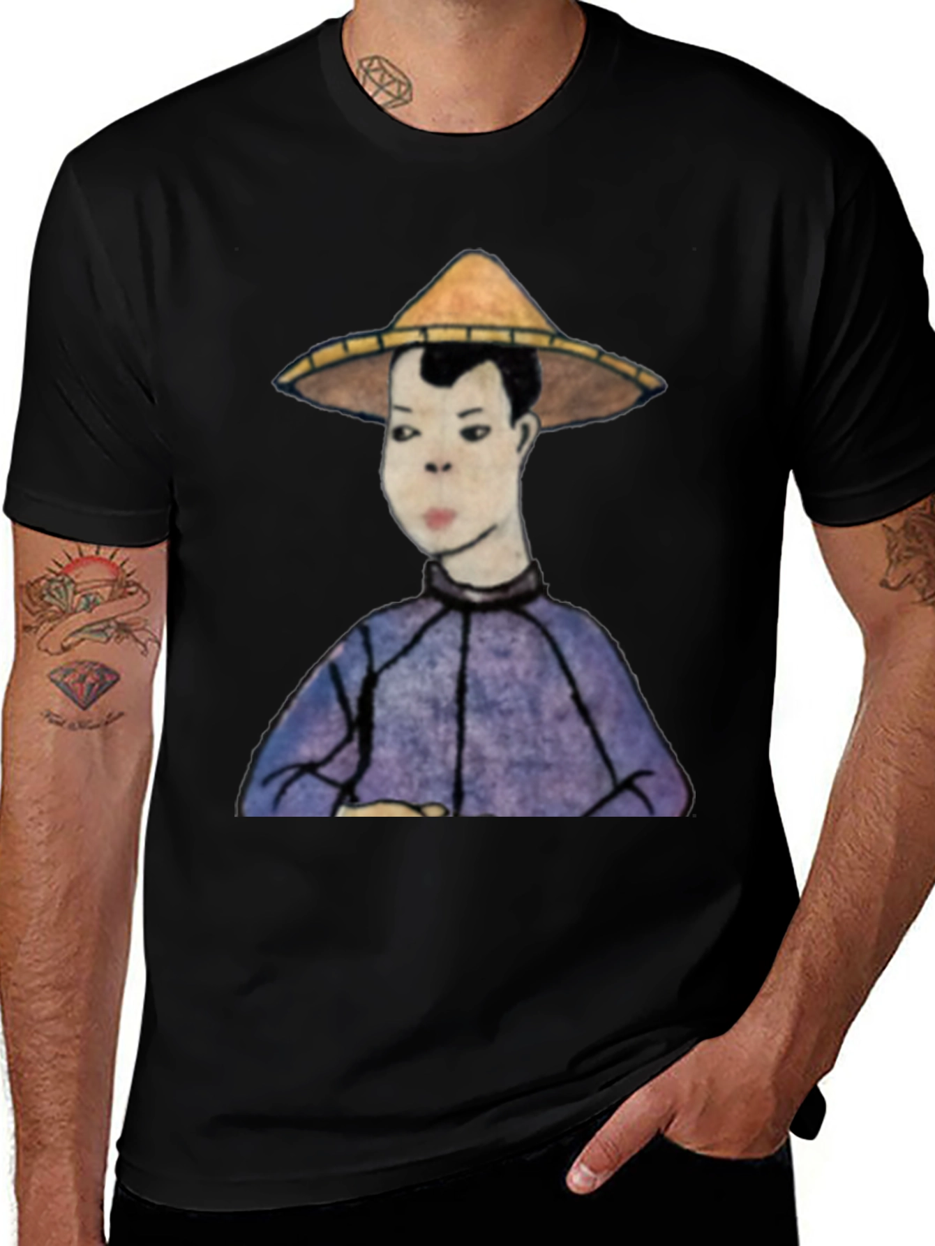 Mans Black T-Shirt with Rice Hat Graphic