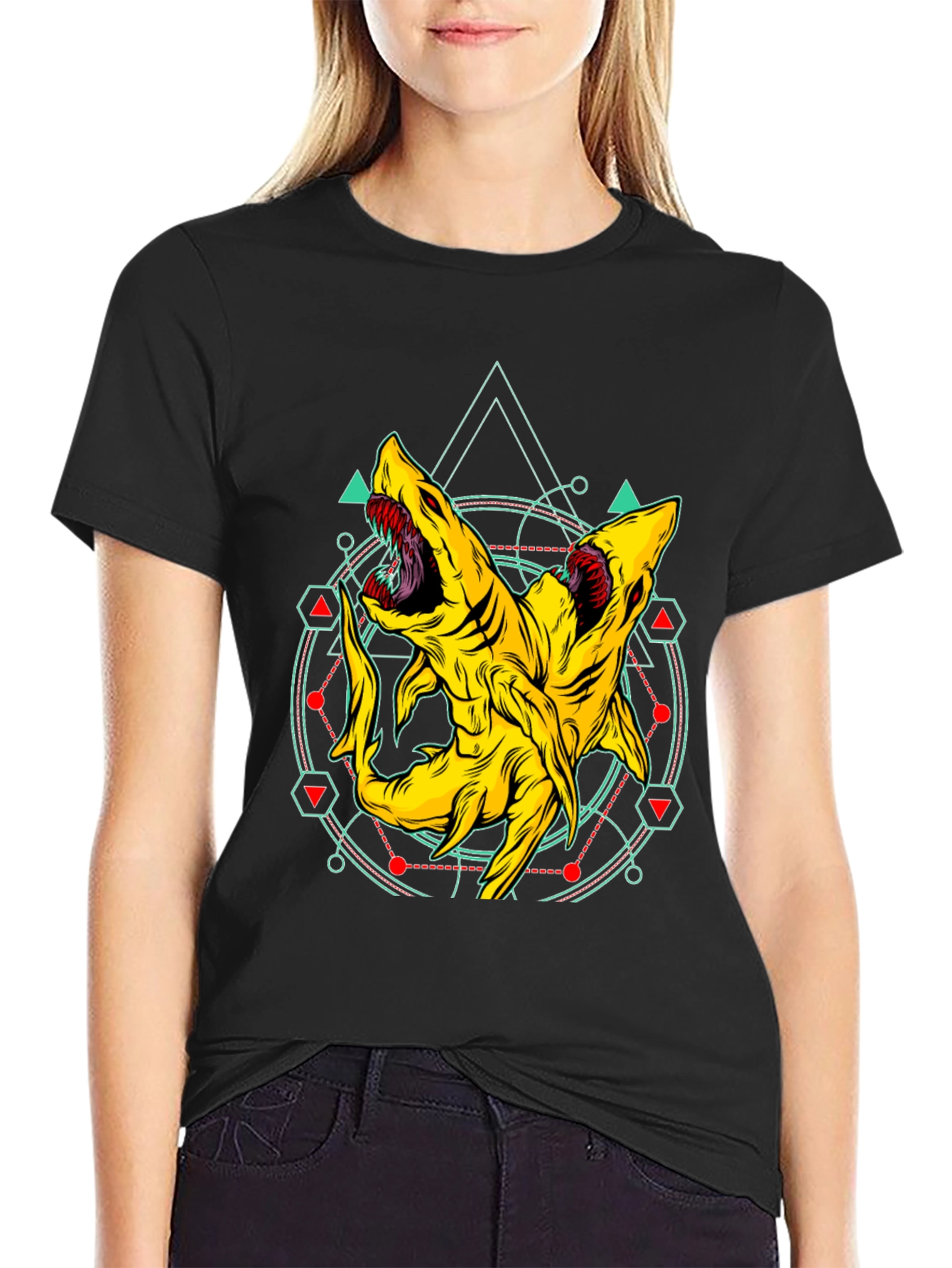 Two-Headed Shark Geometric T-Shirt - Black