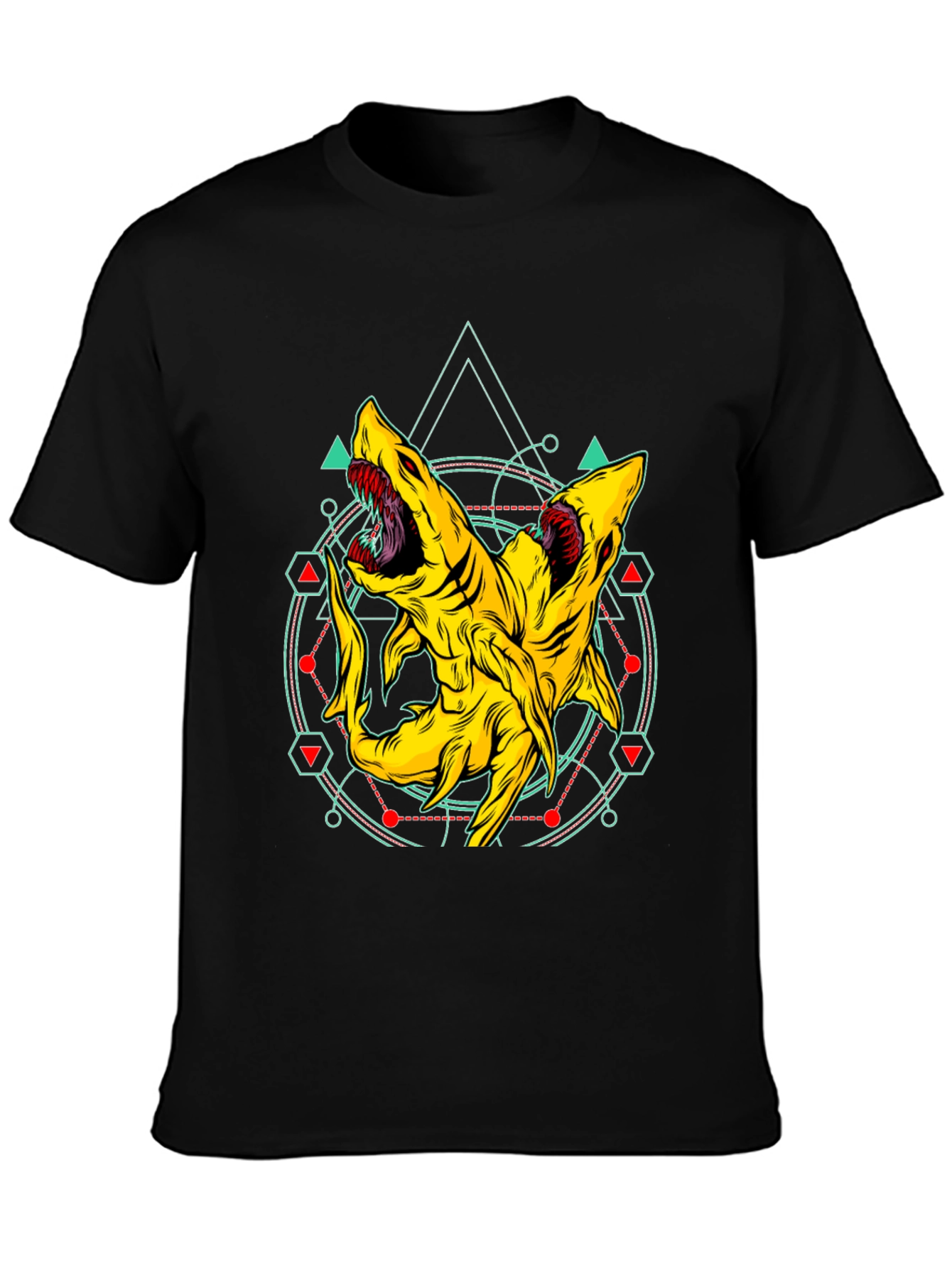Two-Headed Shark Geometric T-Shirt - Black