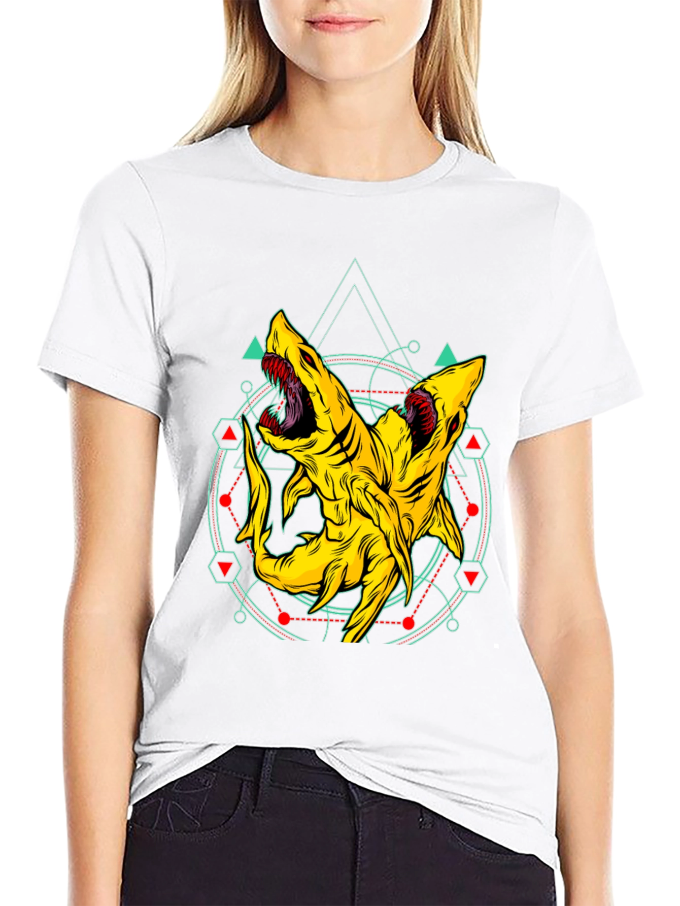 Two-Headed Shark Geometric T-Shirt - Black