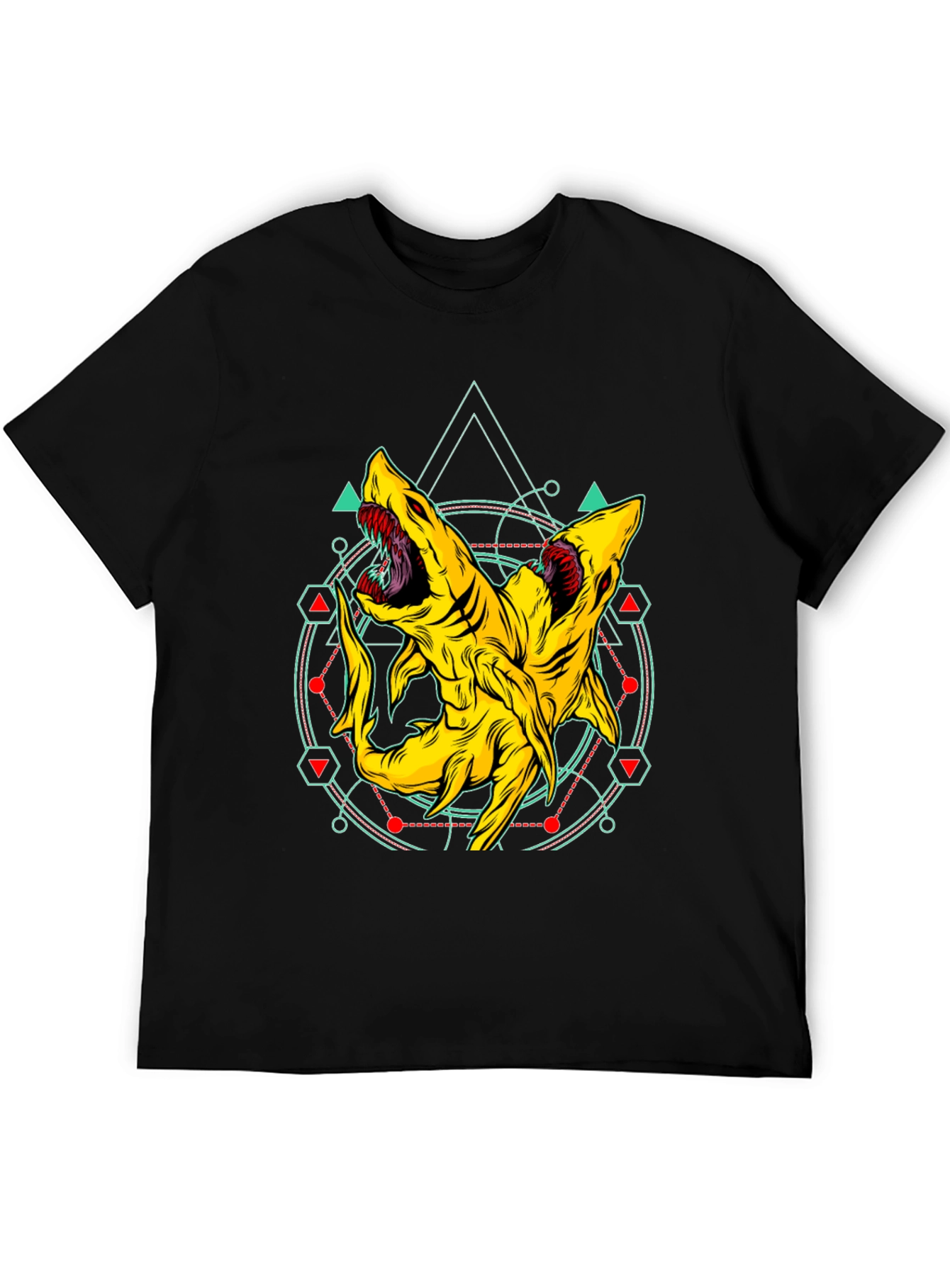 Two-Headed Shark Geometric T-Shirt - Black