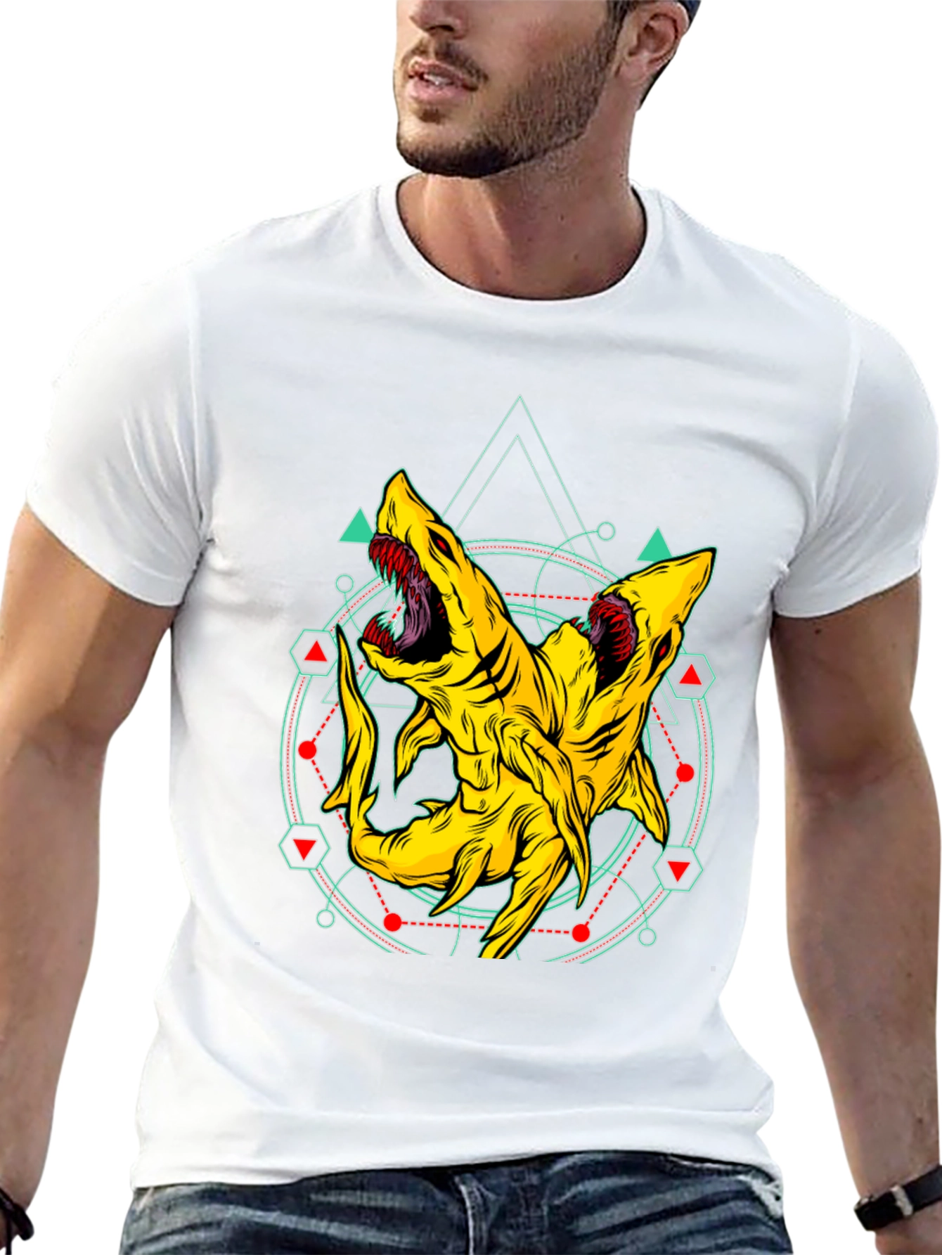 Two-Headed Shark Geometric T-Shirt - Black