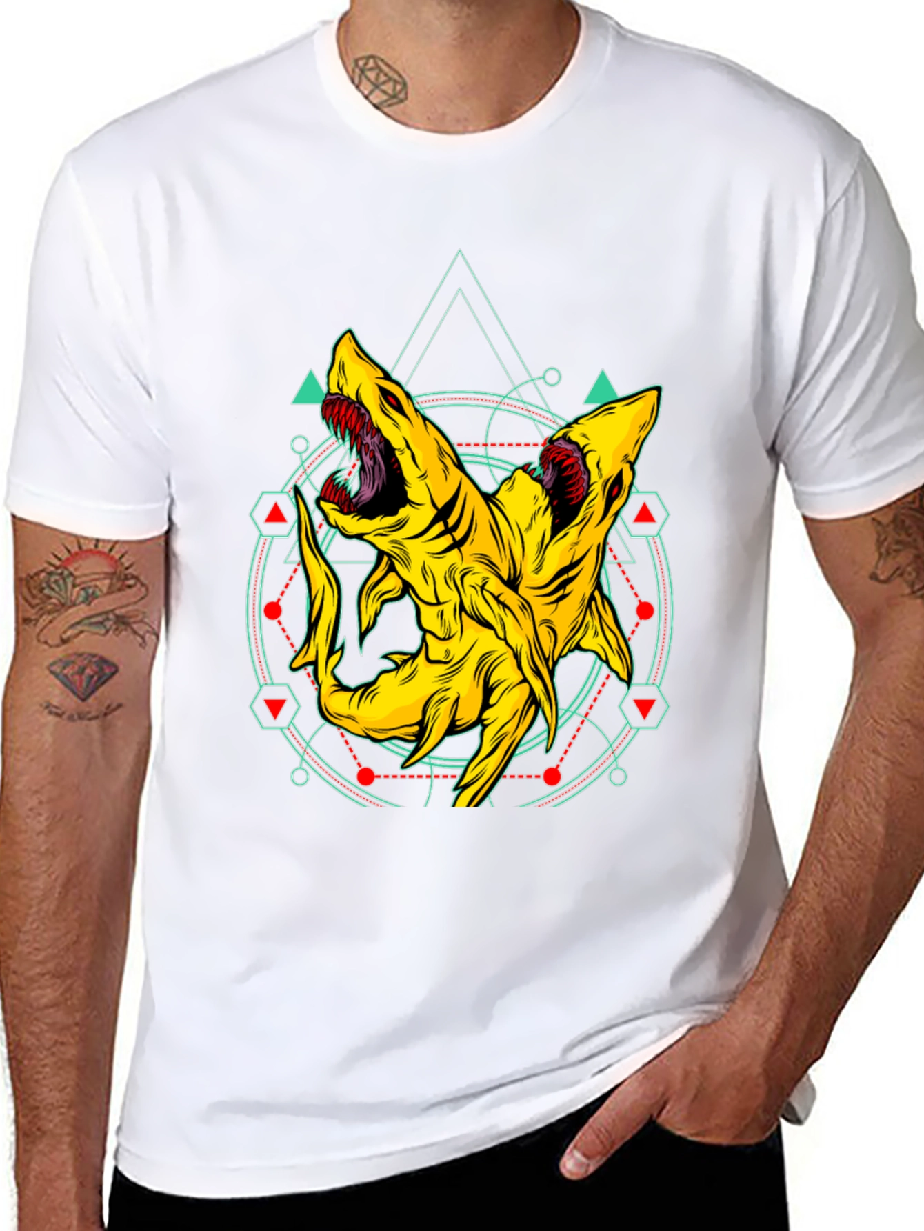 Two-Headed Shark Geometric T-Shirt - Black