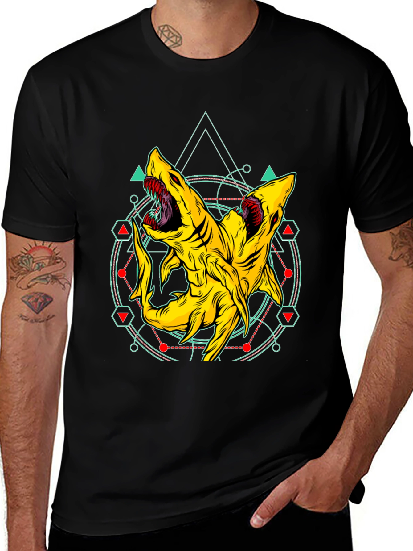 Two-Headed Shark Geometric T-Shirt - Black
