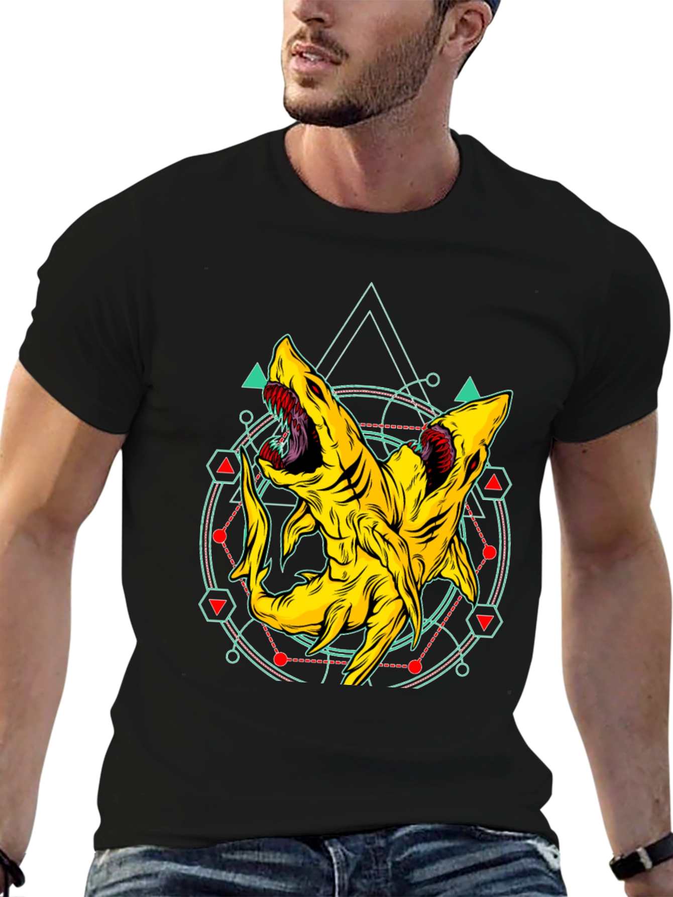 Two-Headed Shark Geometric T-Shirt - Black