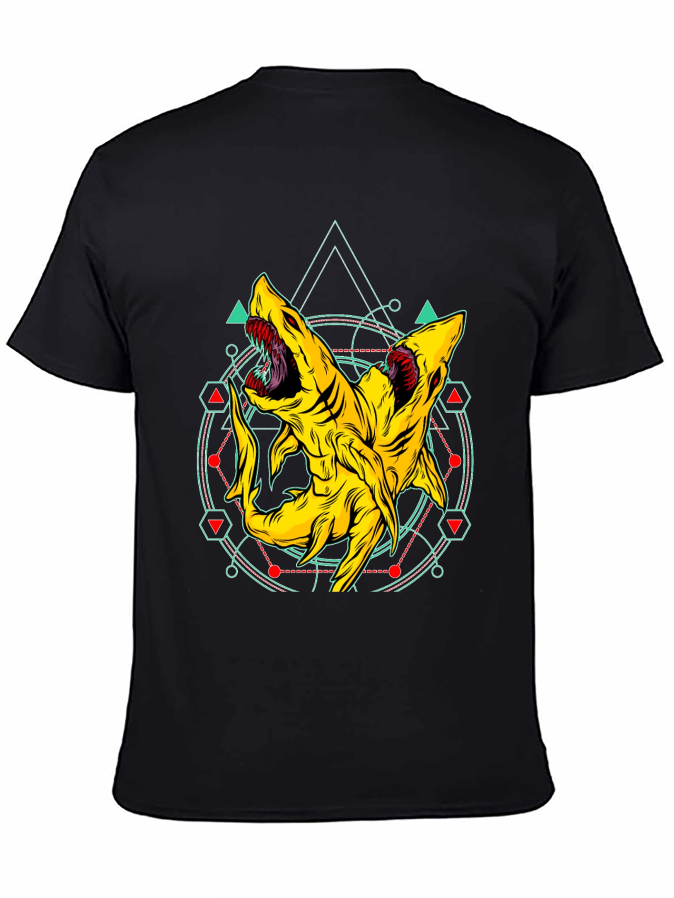Two-Headed Shark Geometric T-Shirt - Black