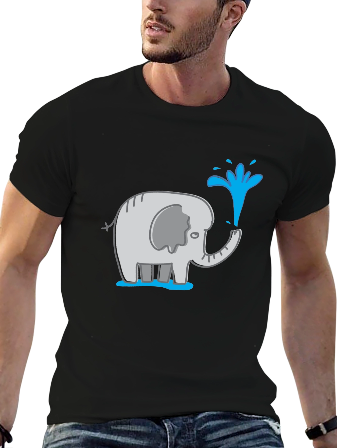 Elephant Spraying Water Black Graphic T-Shirt