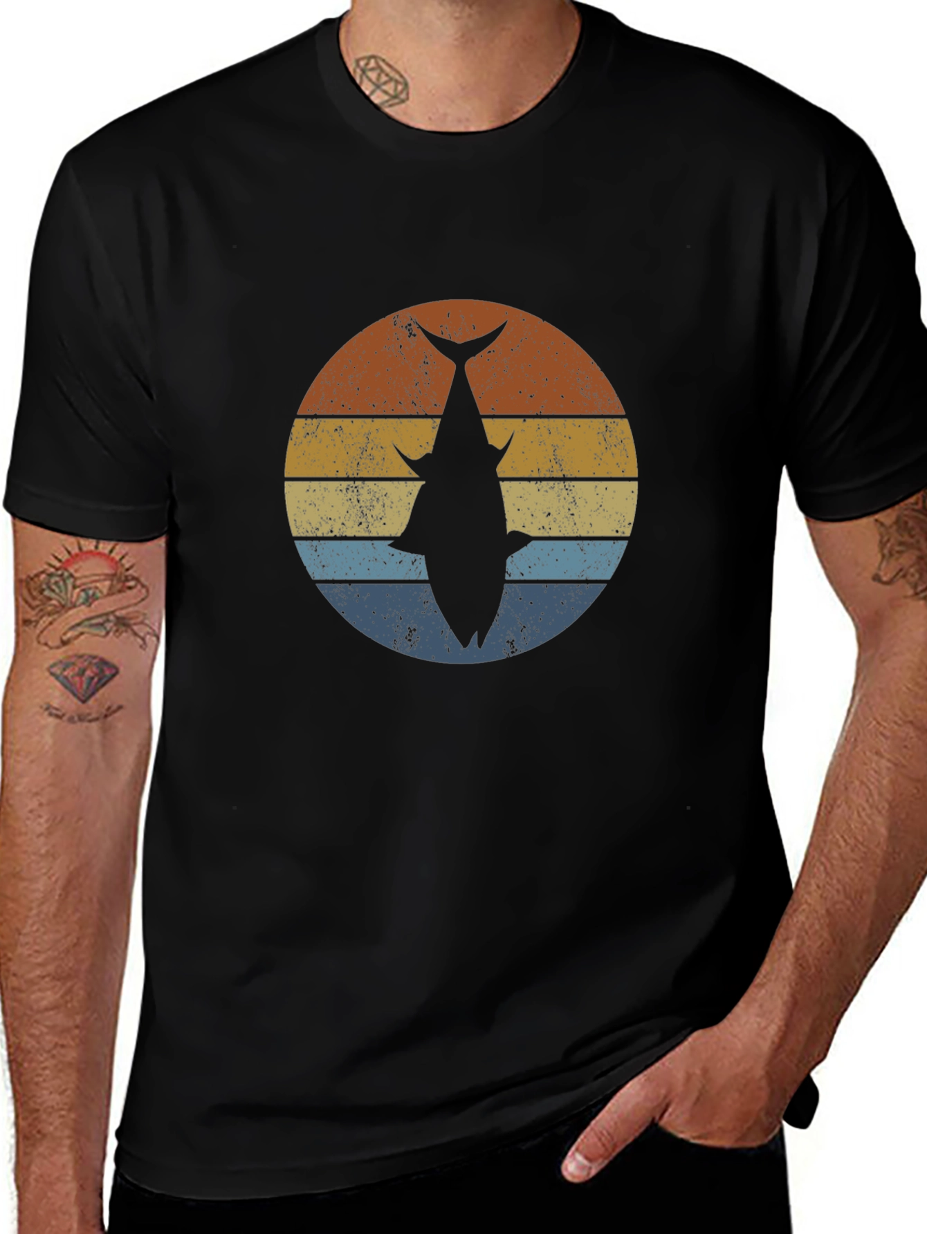 Retro Fish Graphic Tee - Black Cotton Blend