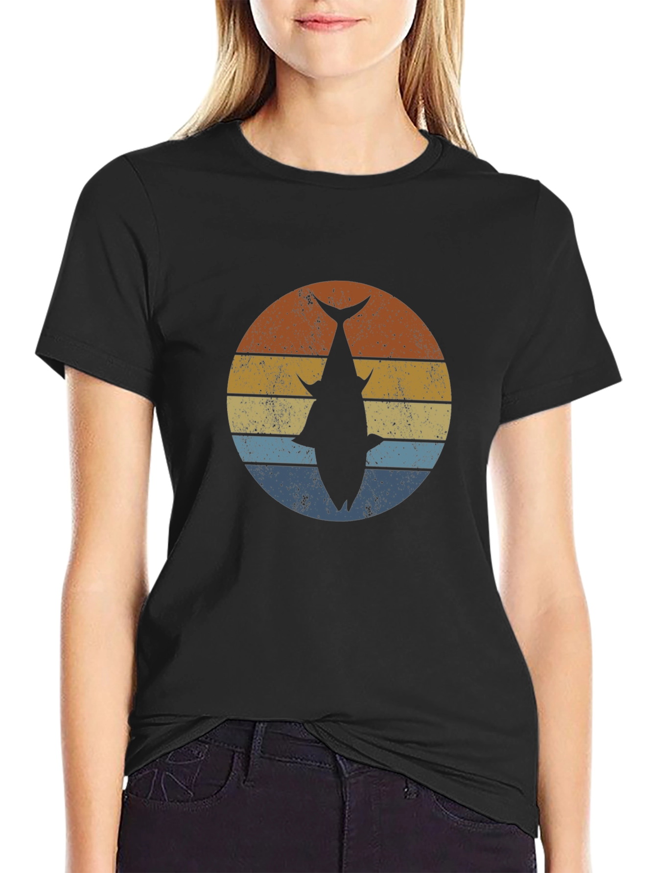 Retro Fish Graphic Tee - Black Cotton Blend
