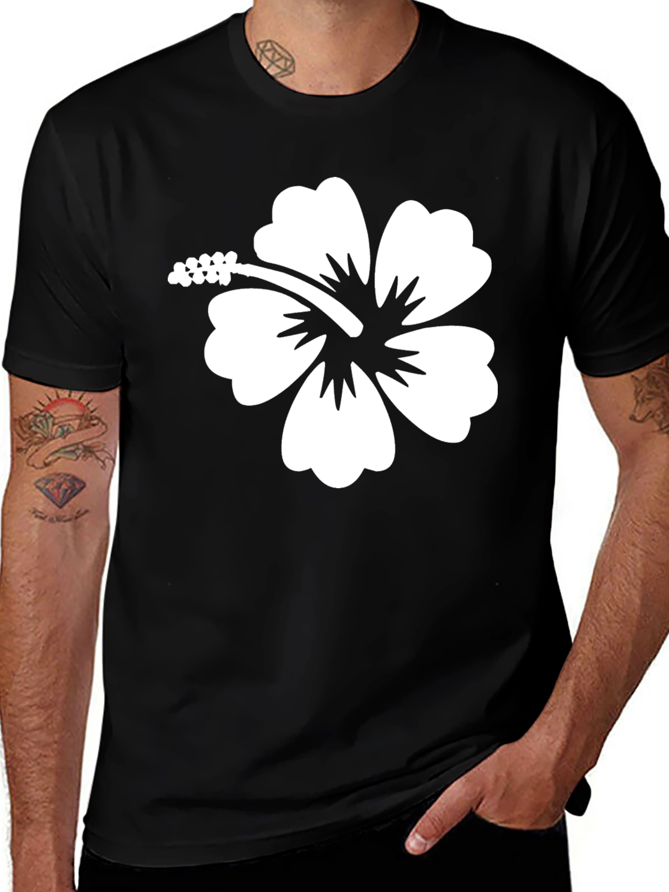 Hibiscus Flower Graphic Tee - Black Cotton T-Shirt