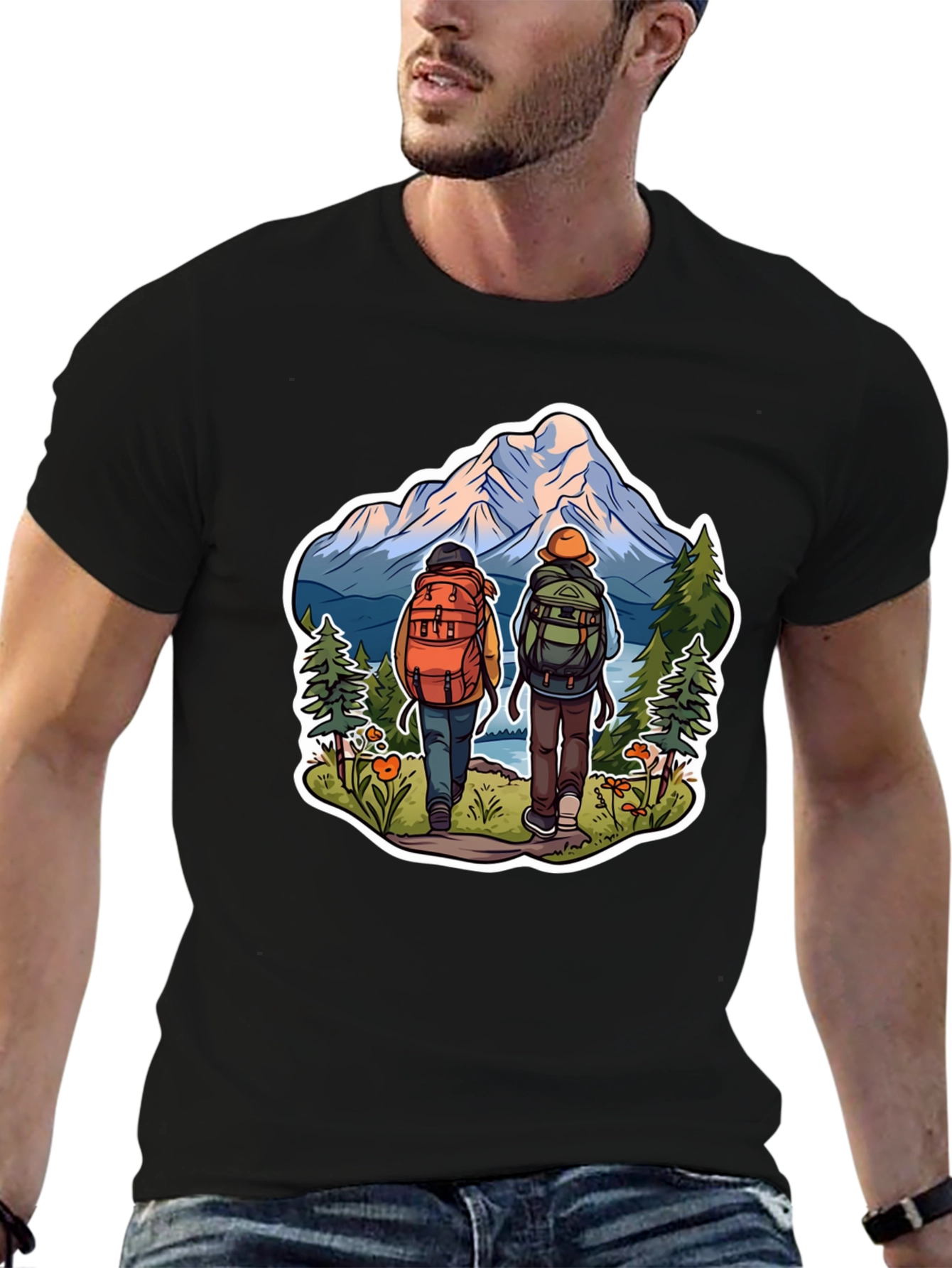Hiking Adventure Graphic Tee - Mountain & Backpack Design