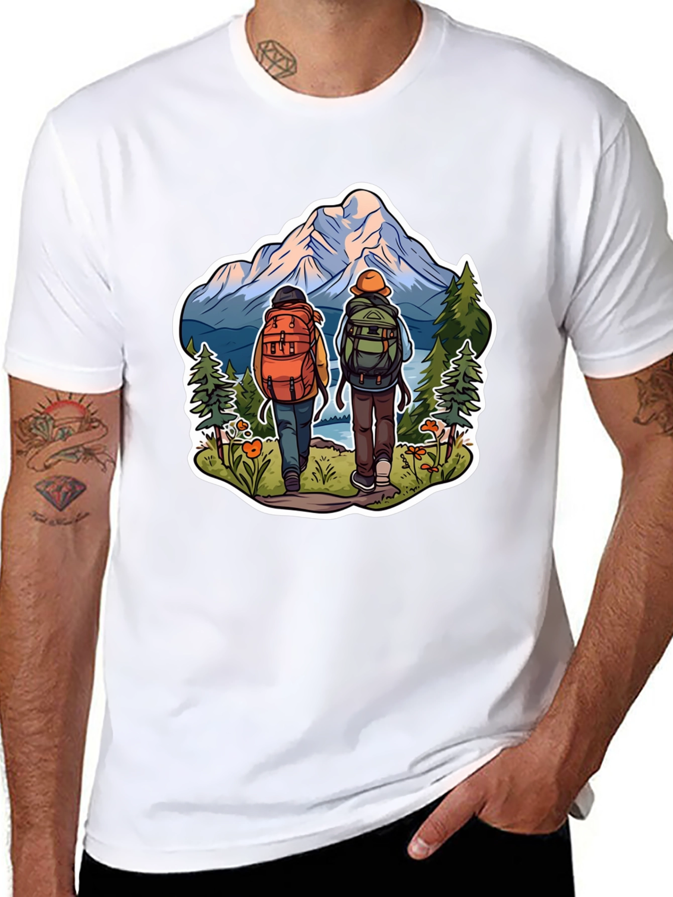 Hiking Adventure Graphic Tee - Mountain & Backpack Design