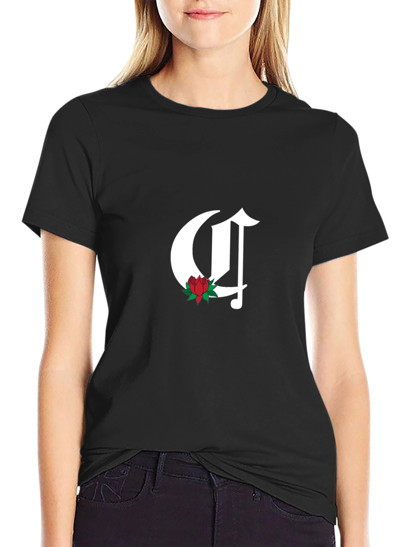 Gothic Initial C Rose T-Shirt - Casual Black Tee