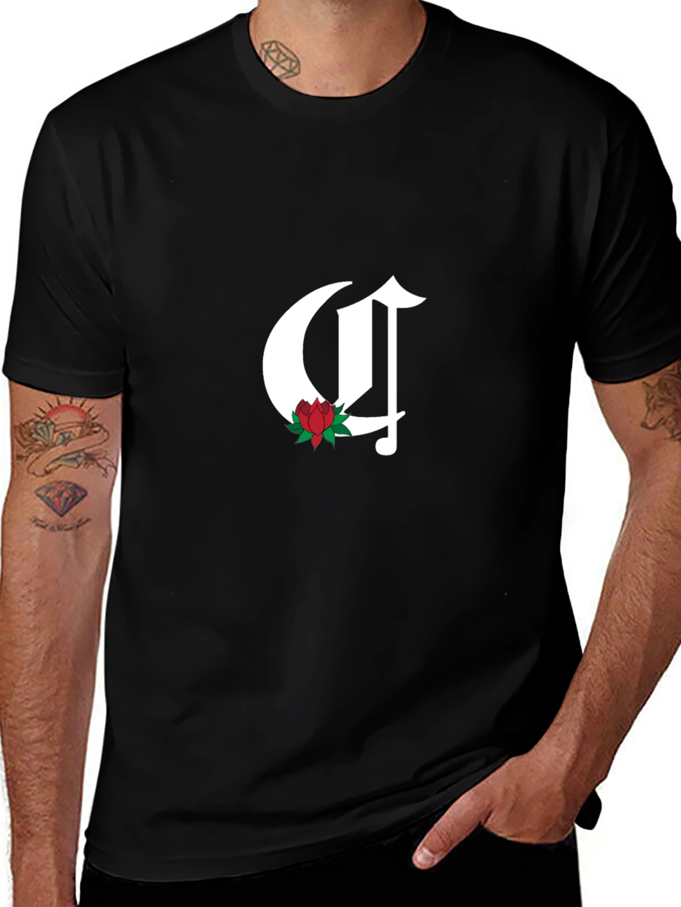 Gothic Initial C Rose T-Shirt - Casual Black Tee