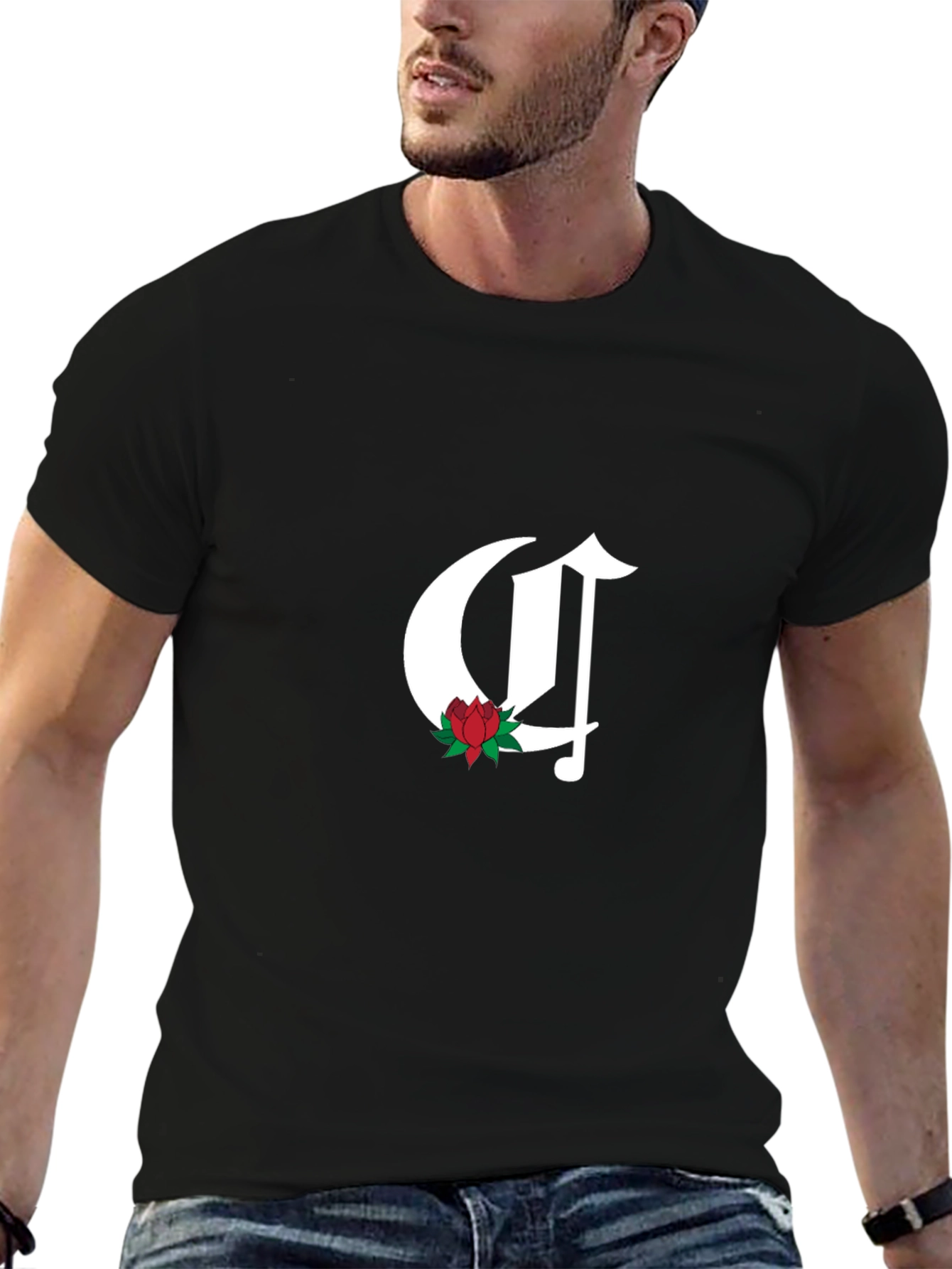 Gothic Initial C Rose T-Shirt - Casual Black Tee