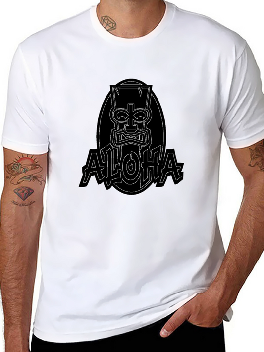 Aloha Tiki Graphic Tee - Black Cotton T-Shirt