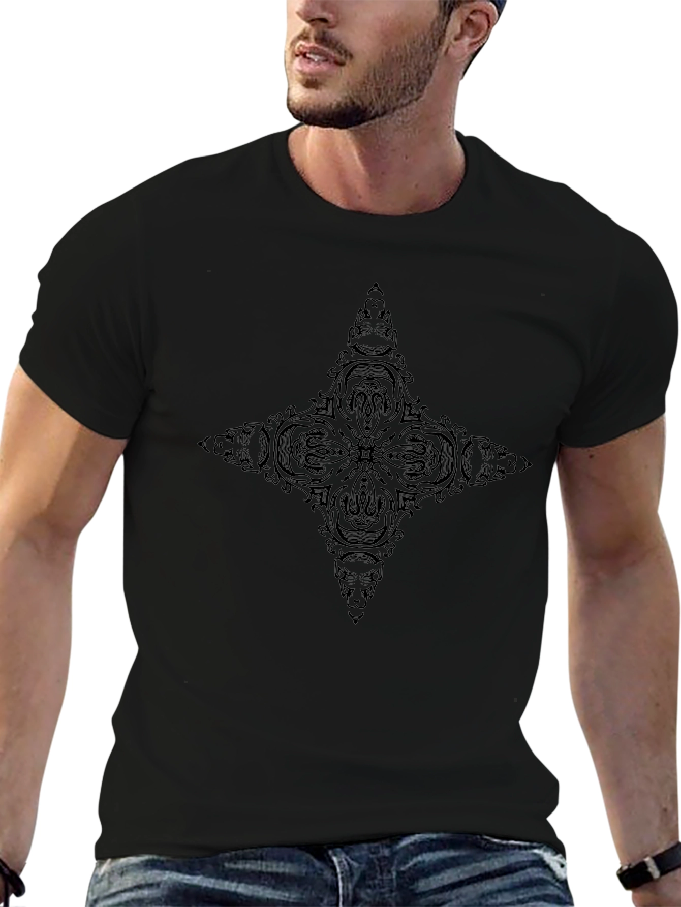 Mens Black Tee with Intricate Graphic Design