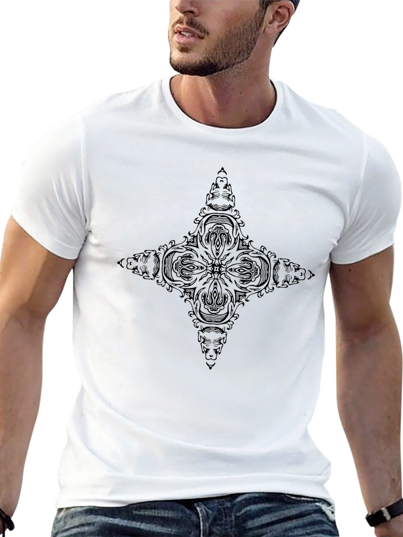 Mens Black Tee with Intricate Graphic Design