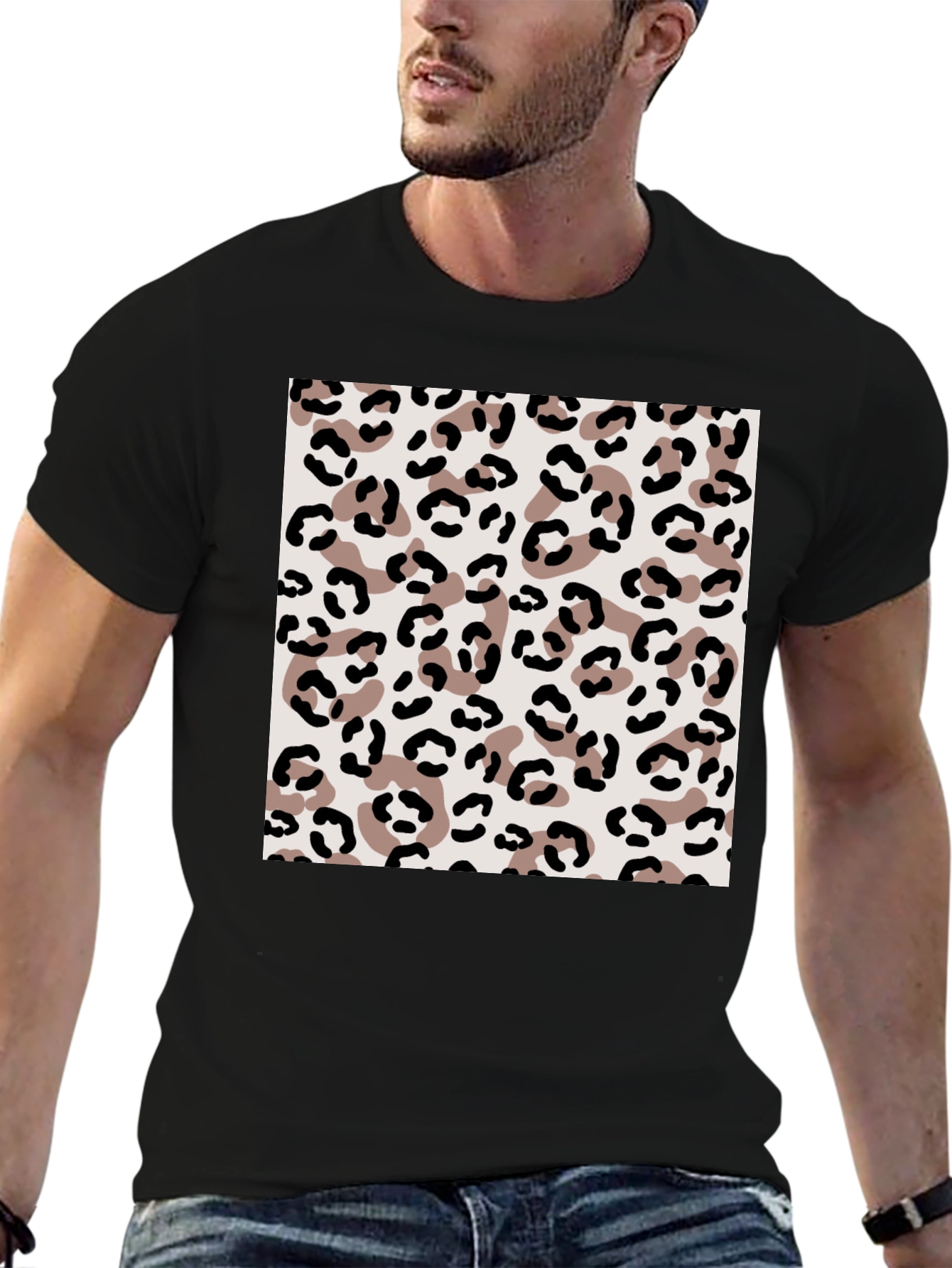 Leopard Print Mens Black T-Shirt