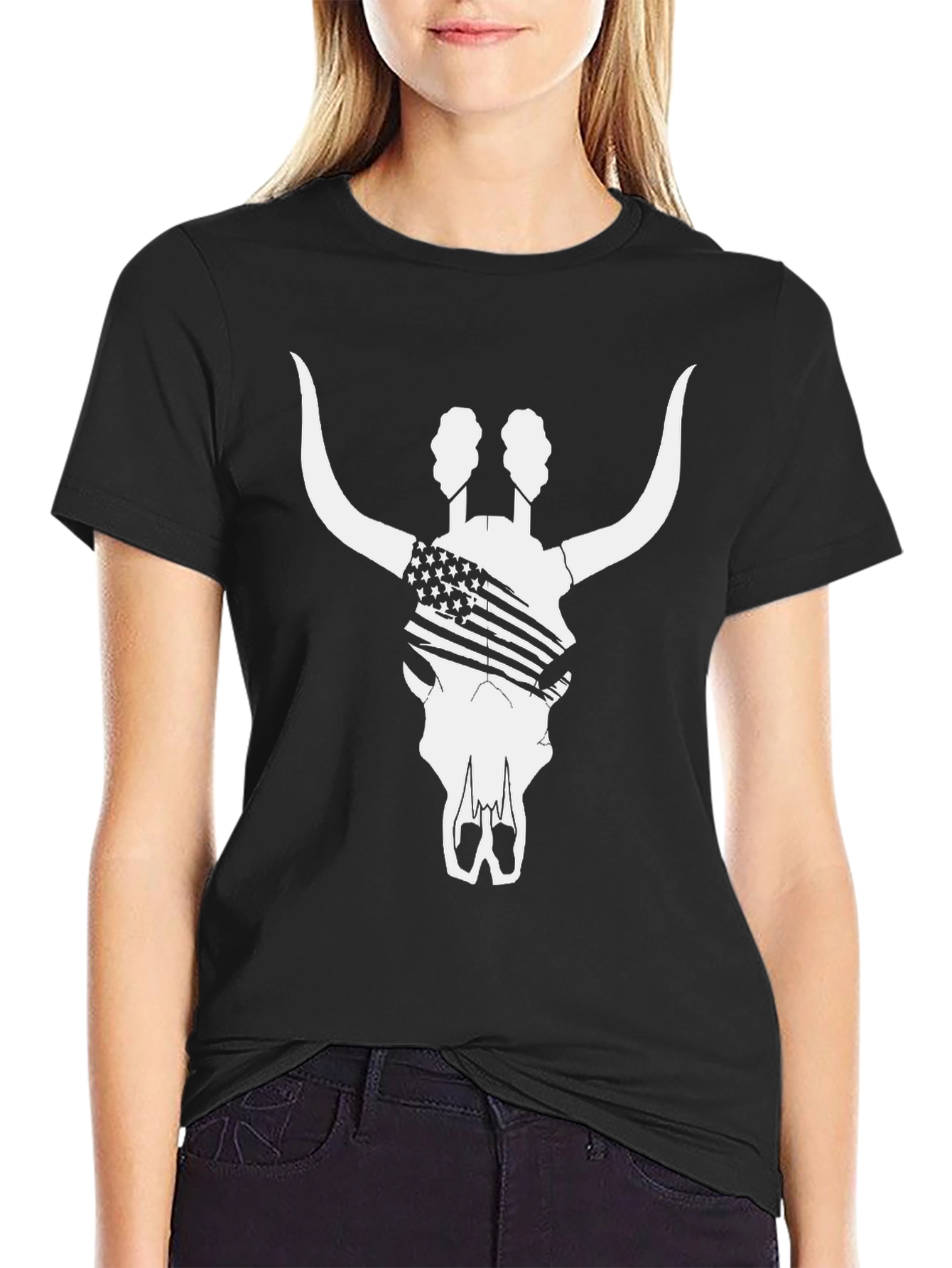 American Flag Bull Skull T-Shirt - Black