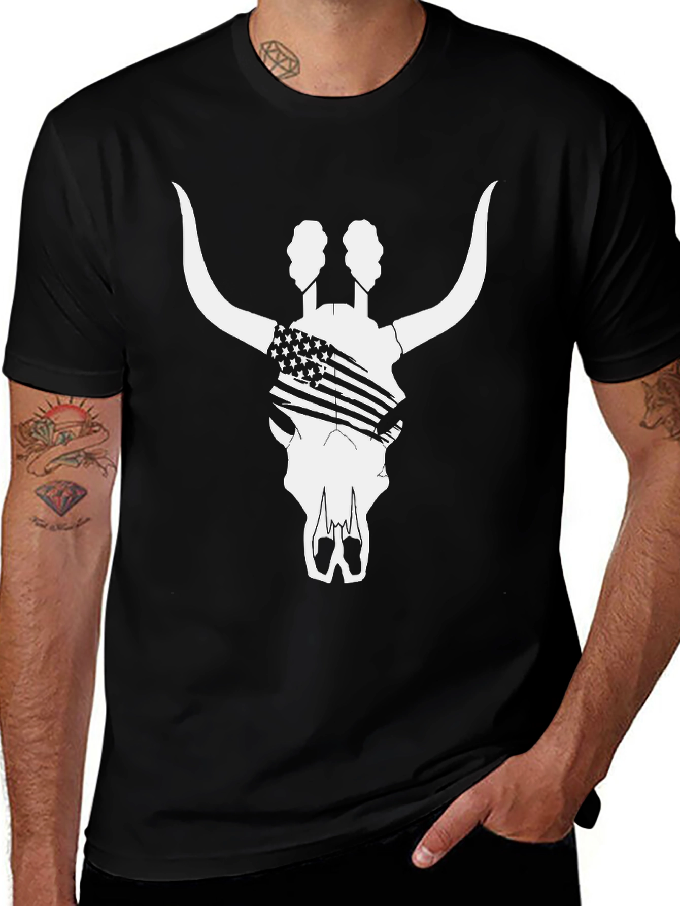 American Flag Bull Skull T-Shirt - Black