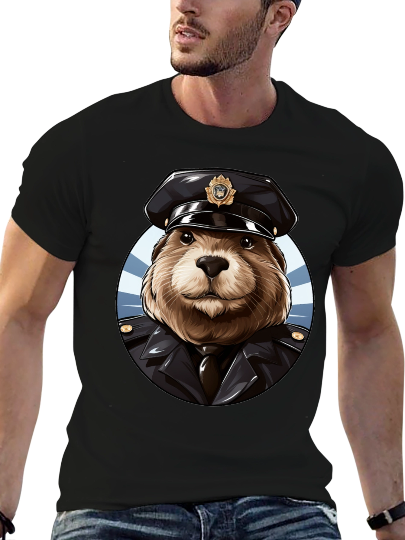 Beaver Cop Graphic Tee - Black Cotton T-Shirt