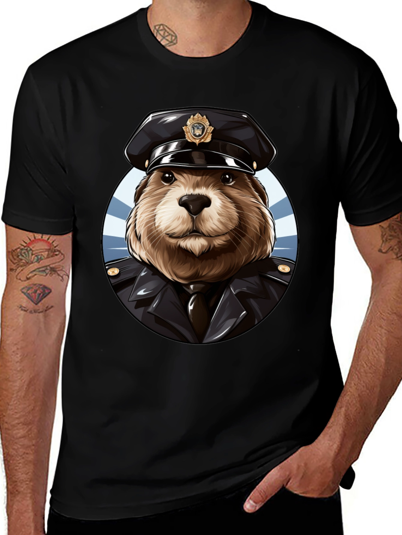 Beaver Cop Graphic Tee - Black Cotton T-Shirt