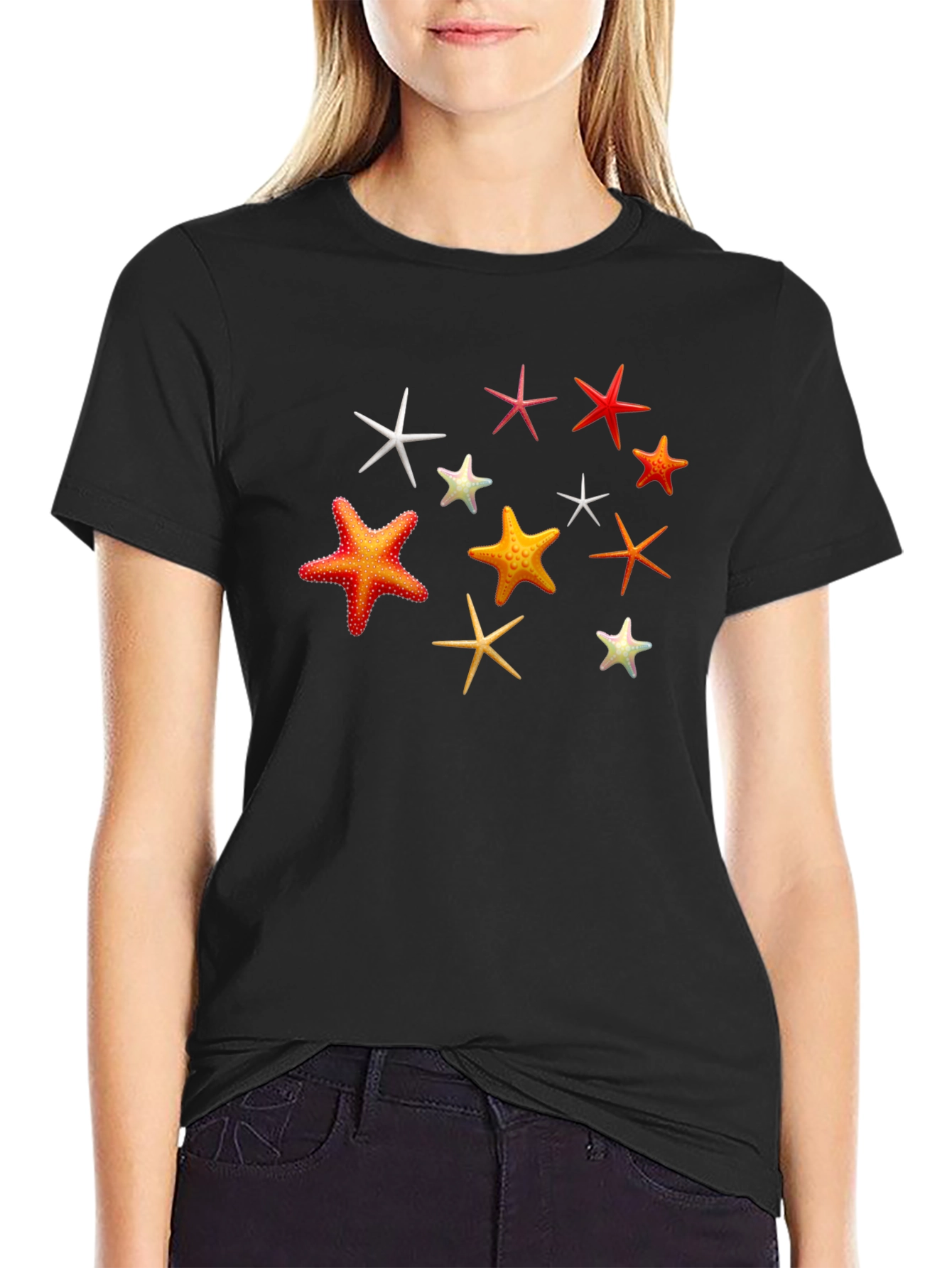 Starfish Pattern Black T-Shirt