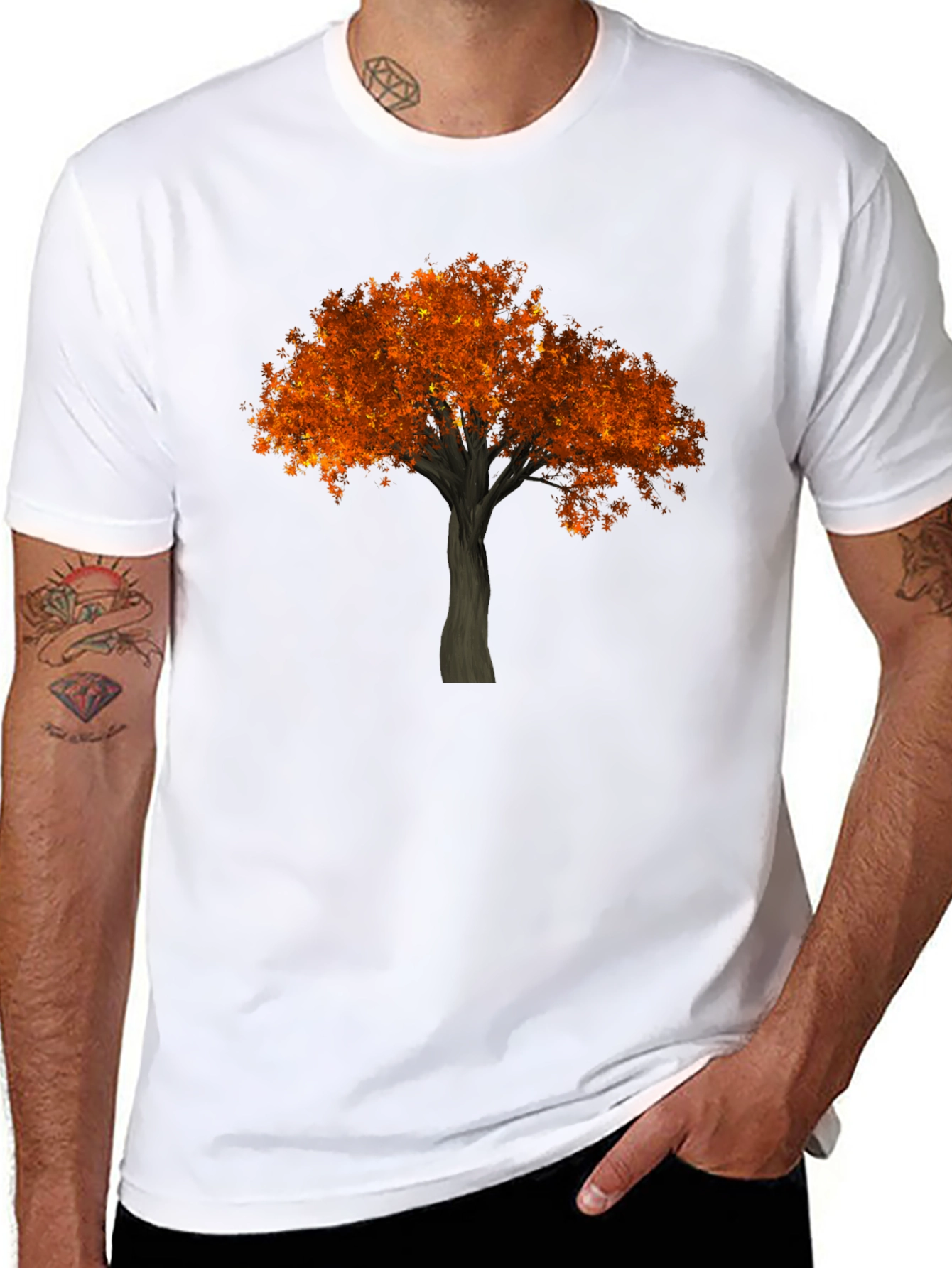 Autumn Tree Graphic Tee - Black Cotton Casual Shirt