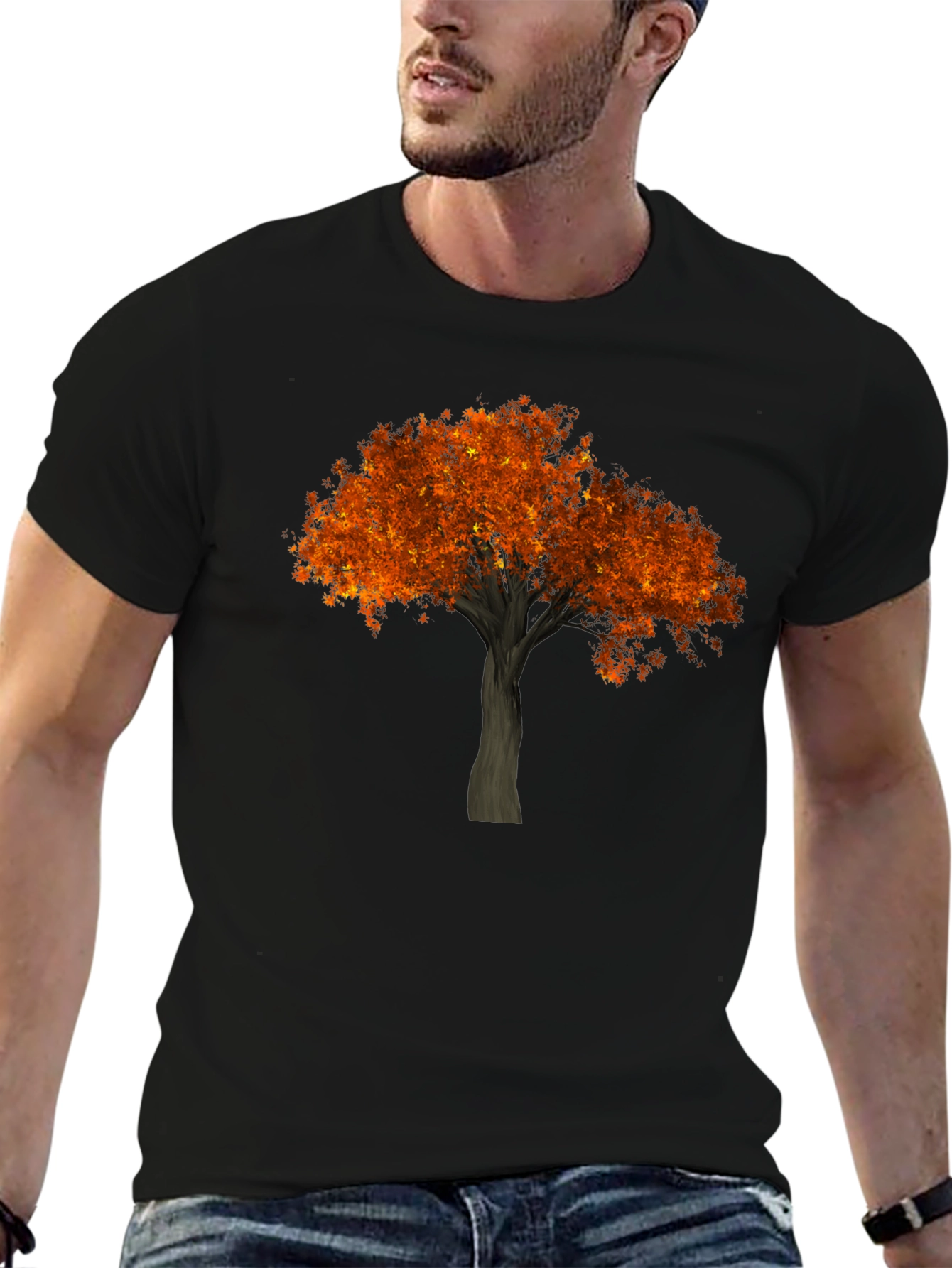 Autumn Tree Graphic Tee - Black Cotton Casual Shirt
