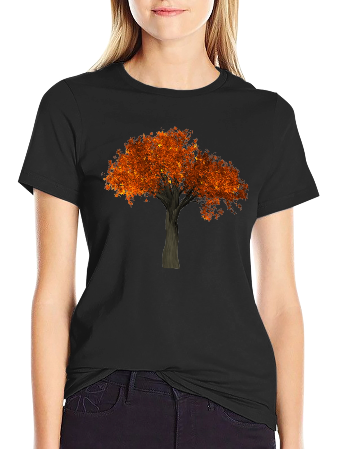 Autumn Tree Graphic Tee - Black Cotton Casual Shirt