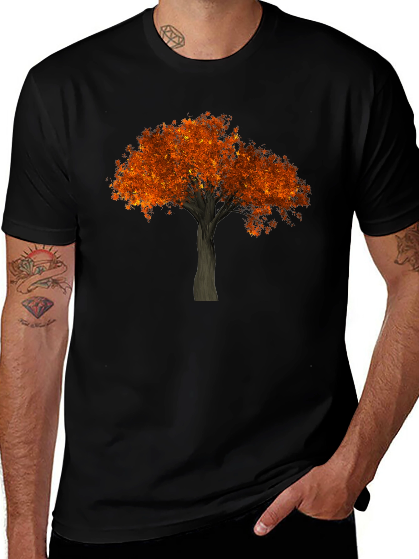 Autumn Tree Graphic Tee - Black Cotton Casual Shirt
