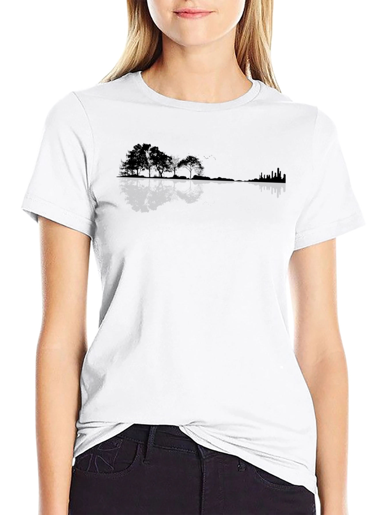 Nature Meets City Tee - Black Silhouette Design